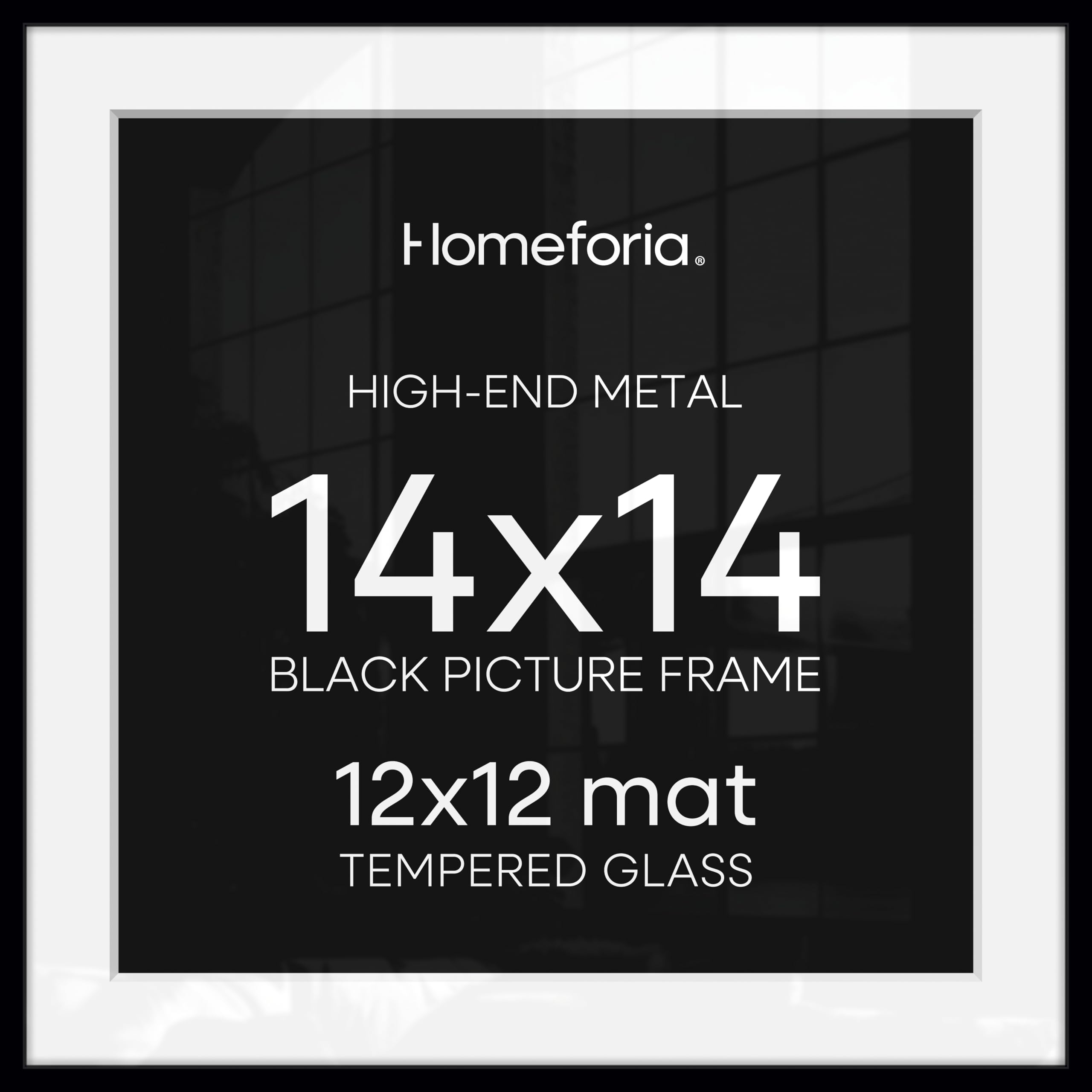 Homeforia 14x14 Black Picture Frame, High-End Metal, 12x12 Mat, Glass | High End Aluminum, Tempered Glass, Acid-Free 12x12 Removable Mat, 14x14 in Edge-to-Edge Display 14x14, Wall Kit, Set Of 4