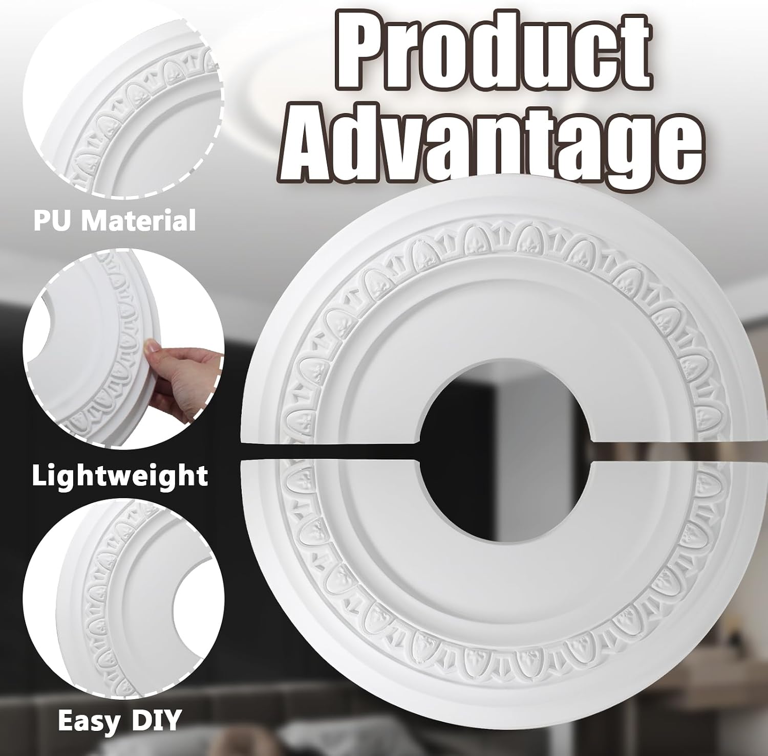 Uenhoy Split Lighting Ceiling Medallions for Light, 12" OD x 4" ID, White | Medallions for Light Fixtures and Ceiling Fans, Round Ceiling Cover Plate, PU Ceiling Fan Medallion, No Nails Needed