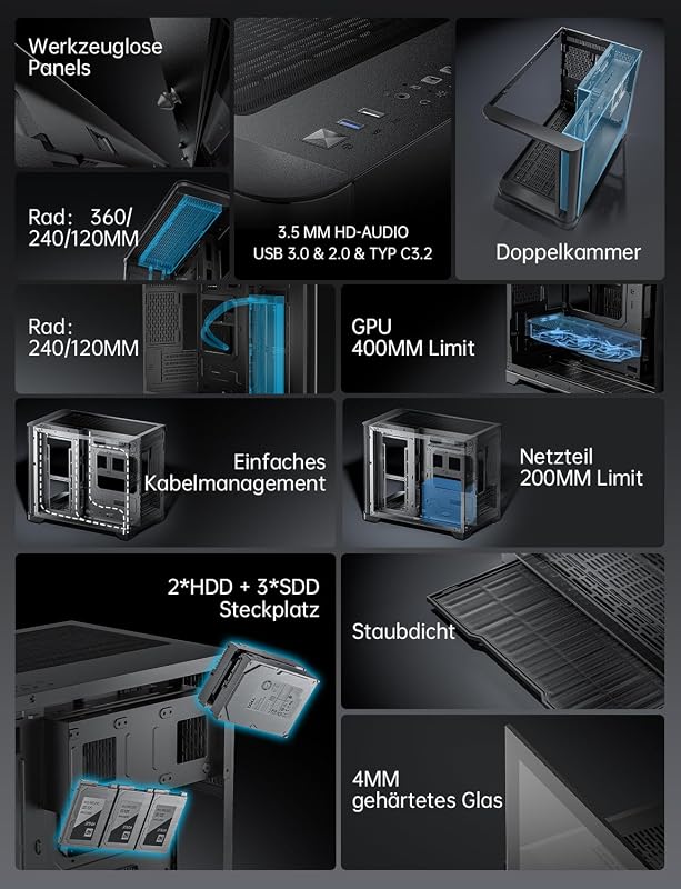 AsiaHorse MATX Dual Chamber 270° Tempered Glass Gaming PC Case Type-C