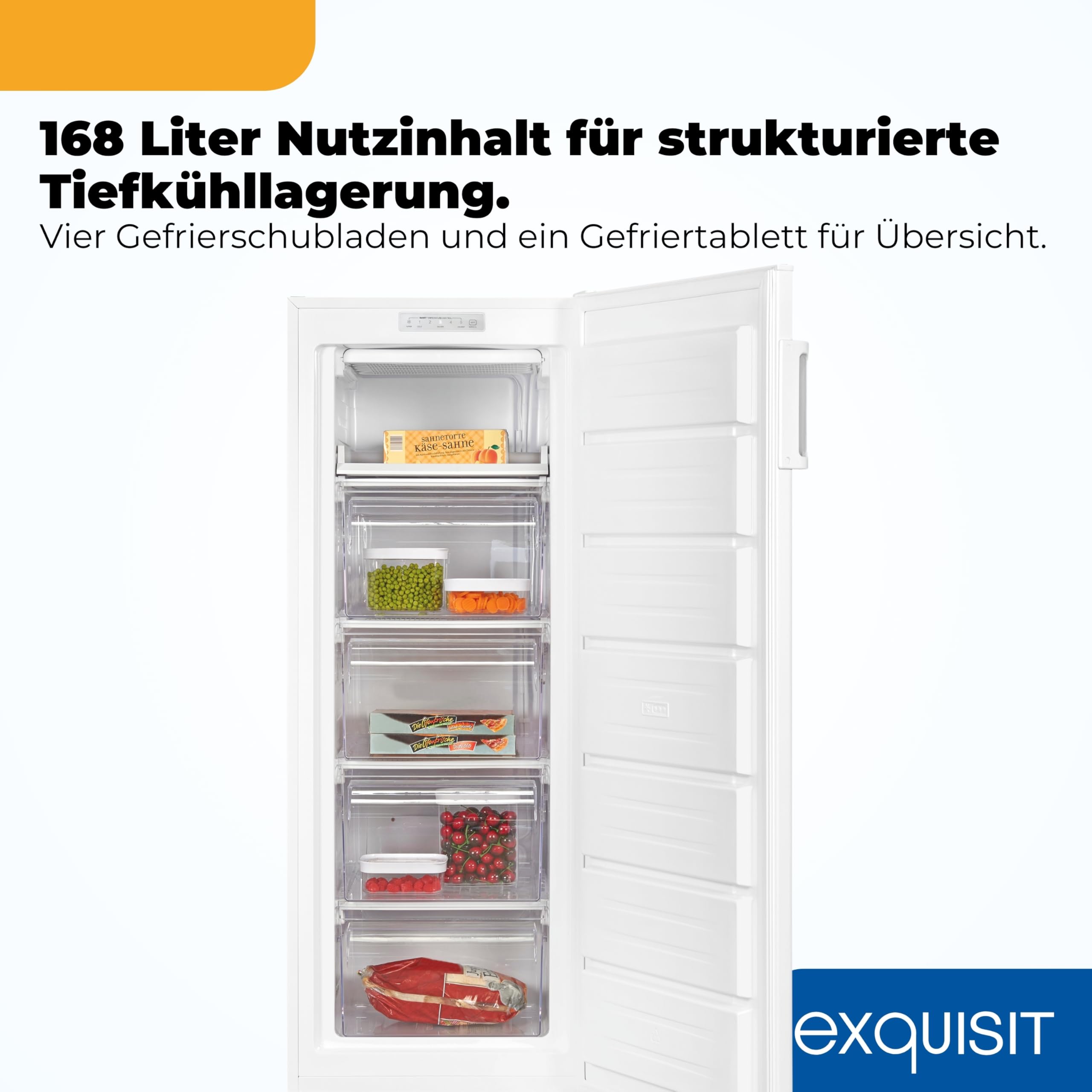 Exquisit GS5230-H-040D Gefrierschrank - 168 l Nutzinhalt - Klasse D - Weiß | Freistehendes Standgerät mit 4 Gefrierschubladen, 4-Sterne-Gefrieren, leisem 40 dB Betrieb und wechselbarem Türanschlag