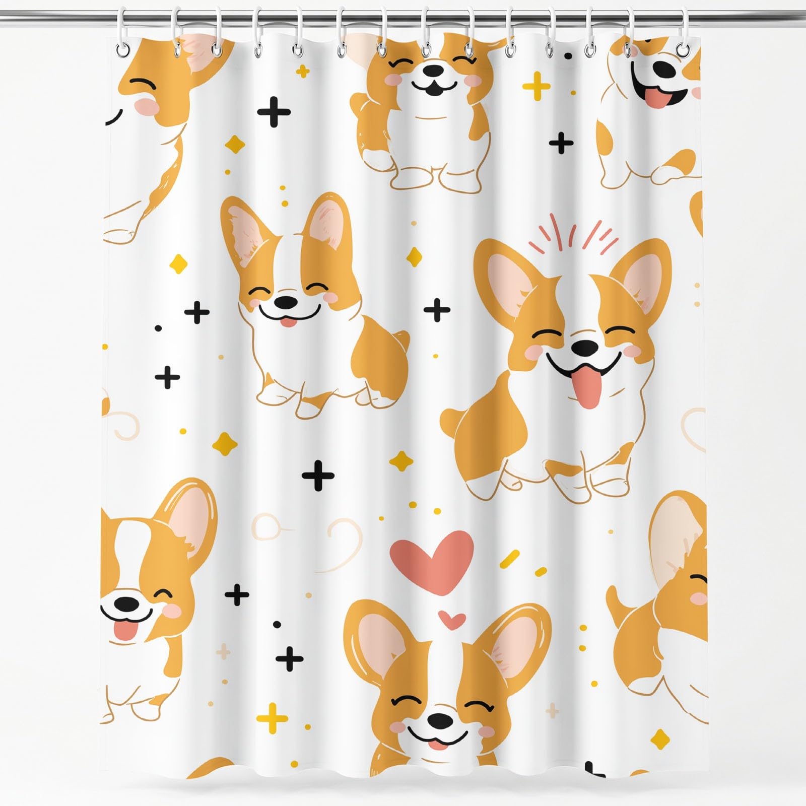 Urocza zasłona prysznicowa dla zwierząt domowych, 120 x 200 cm, kreskówkowe Corgi, serce, zasłony do wanny, biała, wodoodporna, odporna na pleśń, zasłony łazienkowe do dekoracji łazienki, z haczykami