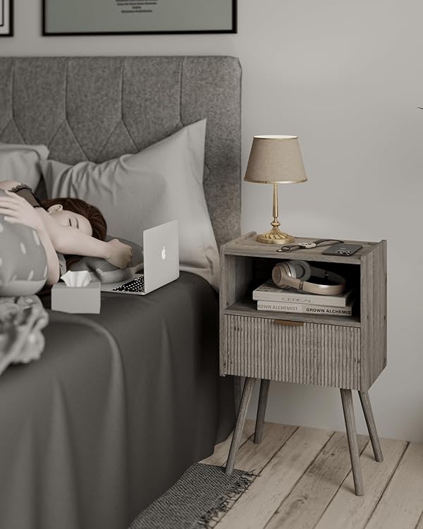 JOONEE Nightstand with Oultlet,Modern Bedside Table with Storage Drawer and Open Wood Shelf, for Living Room, Bedroom and Small Spaces, Accent Night Stand with Solid Wood Legs,Grey Oak by JOONEE - Image 7