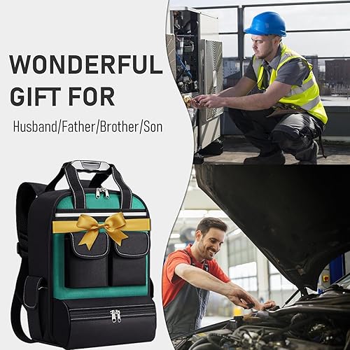 Miniatura 7 de Mochila de herramientas para hombres de 18 pulgadas, resistente al agua, múltiples bolsillos, organizador de bolsa de herramientas con hombro para