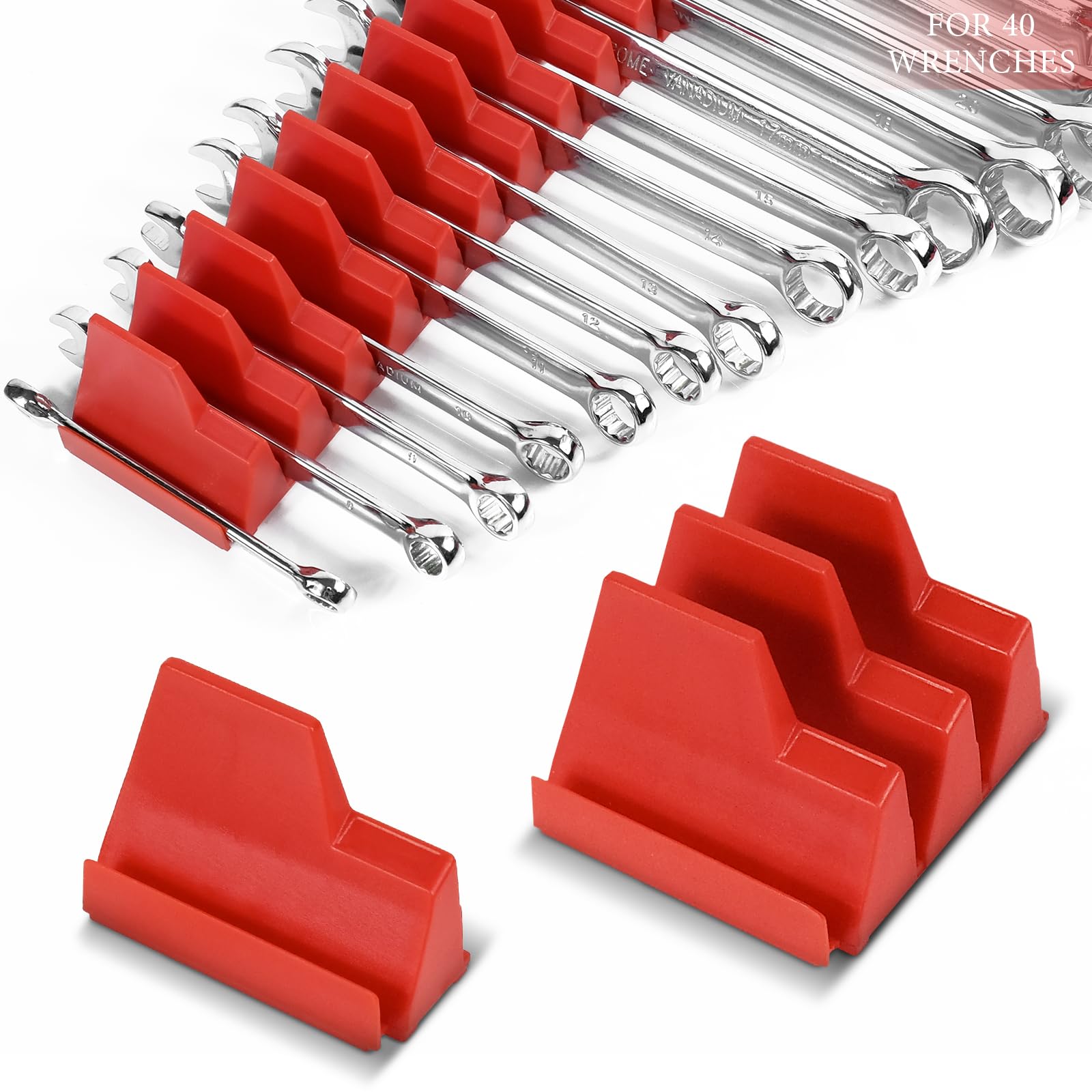 Magnetic Wrench Organizer for Tool Box, Easy Access Wrench Holder for 40 Wrenches, Fits Size Range 6mm to 38mm or ¼” to 1 ½”, Perfect for Garage and Workshop, Red