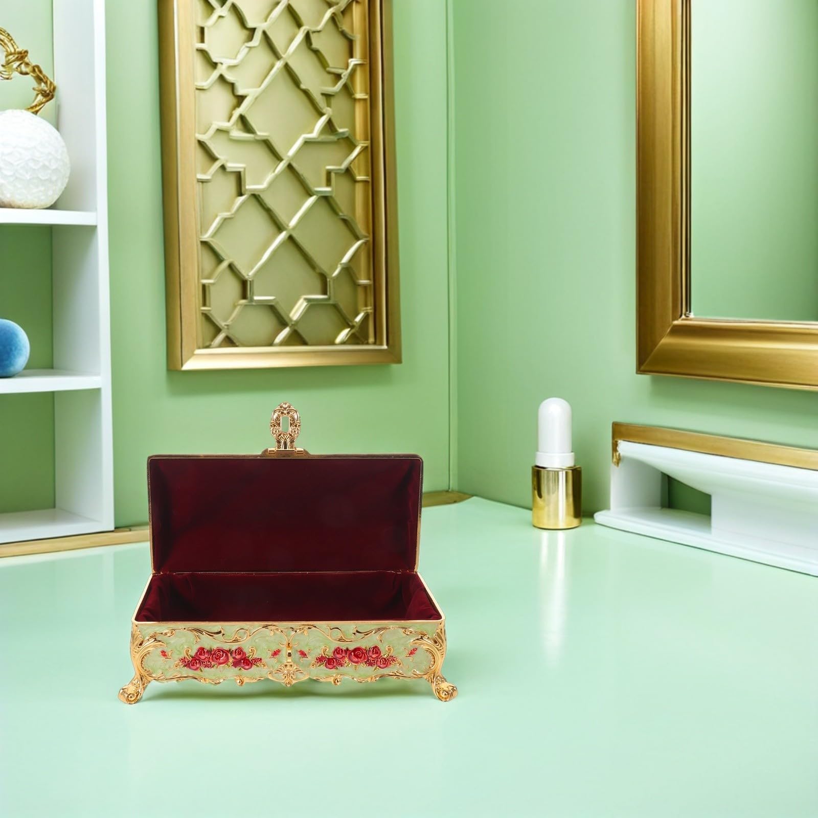 Portagioie Scatola Rettangolare Verde in Metallo Smaltato con Incisioni Stile Royal Court, Custodia Vintage per Amanti dell'Arte e Regalo Nuziale