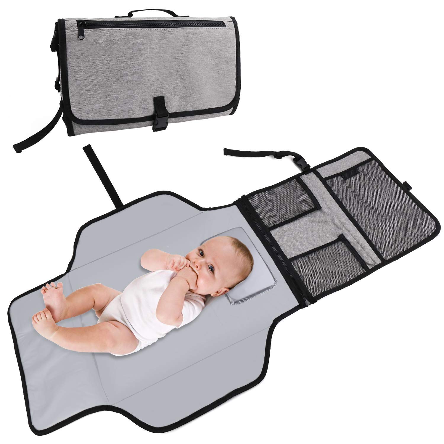 izBuy Portable Baby Changing Pad, Large Capacity Waterproof Diaper Changing Pad Travel Mat Station with Built-in Head Cushion & Pockets