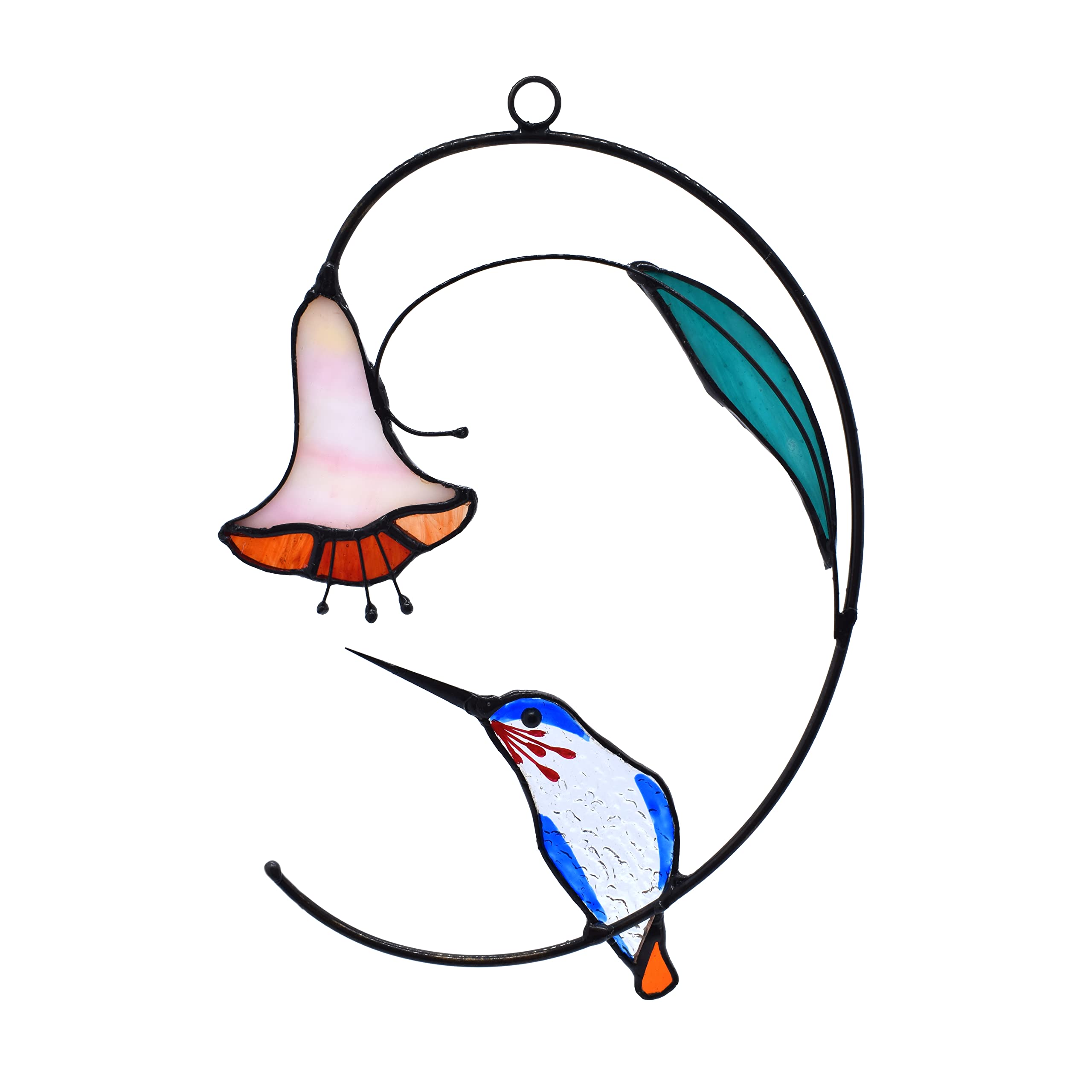 Lolitarcrafts Hummingbird with Flower Stained Glass Suncatcher Bird Stained Glass Window Hangings Hummingbird Gift for Home Decor (Blue)