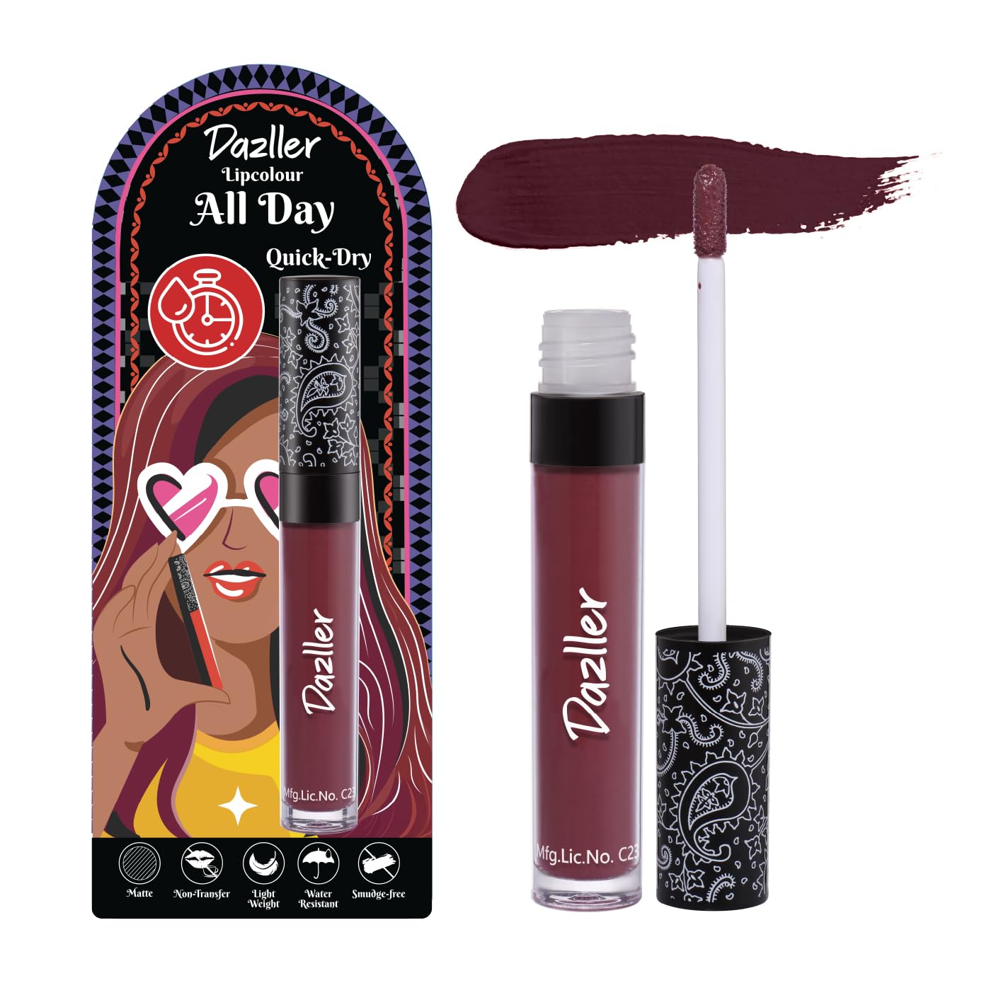 Dazller All Day Lipcolour | Ultra-intense matte | Light-weight | Liquid Lipstick for Women | Smudge-proof + Non-transfer | Up to 8hr stay | DLC027 Black Honey - 6g