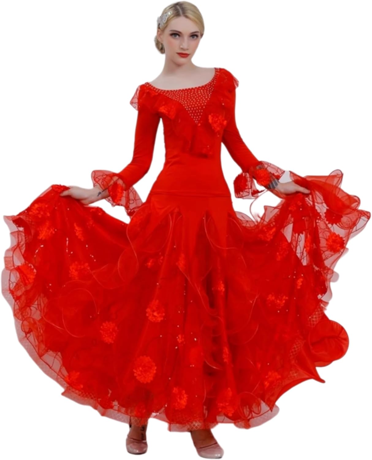 赤いフラメンコドレス Vネック フリル付き 赤いフラメンコドレス Vネック フリル付き 赤いフラメンコドレス V