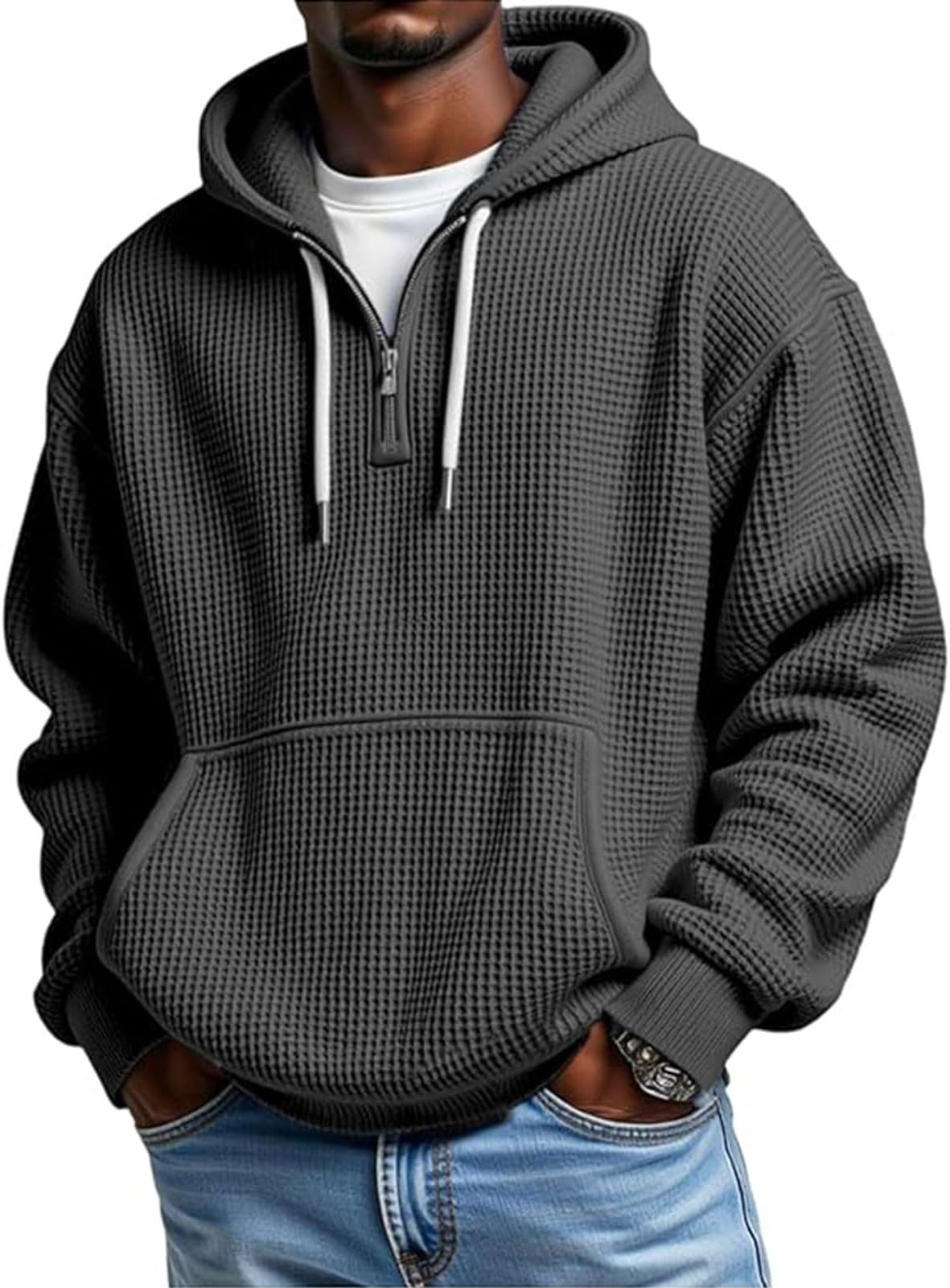 Oversized Hoodie Men Quarter Zip Jumper Waffle Knit Sweatshirt Baggy Hoodies With Pocket Long Sleeve Pullover 1/4 Zip Sweatshirt Drawstring Hoodie Hooded Sweatshirts Plus Size