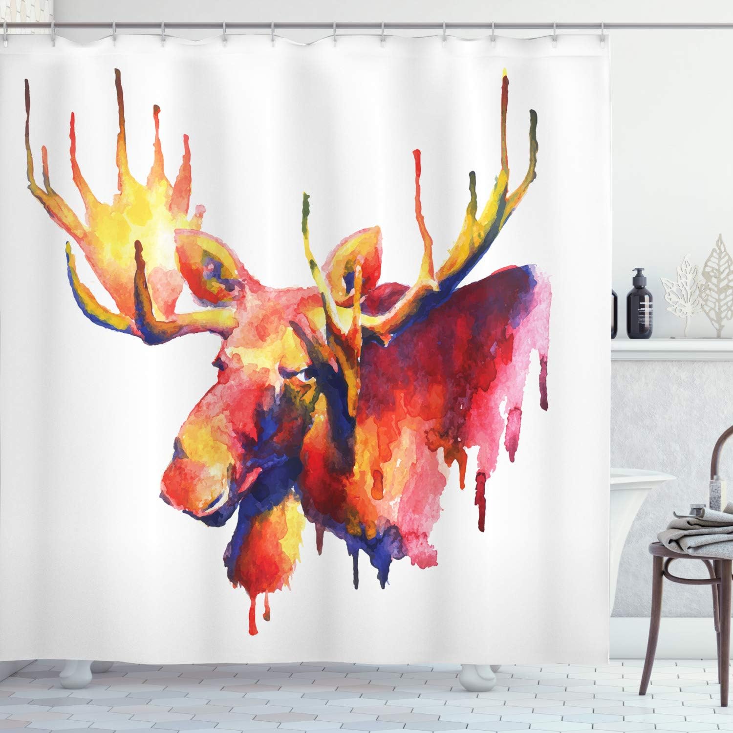 Ambesonne Moose Shower Curtain, Psychedelic Watercolor Paintbrush Style Vivid Toned Moose Aquarelle Picture, Cloth Fabric Bathroom Decor Set with Hooks, 69" W x 70" L, Orange and Pink