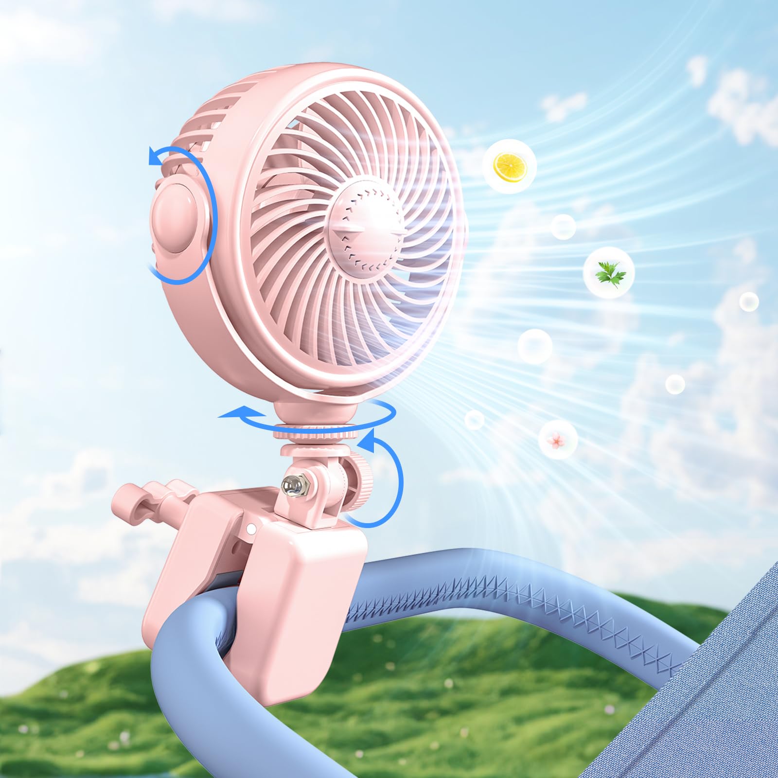 Ventilateur de poussette à clipser pour bébé rechargeable – Ventilateur portable à piles USB pour poussette, berceau, vélo, plage, voyage, camping, rotation à 360°, 4 vitesses du vent, rose