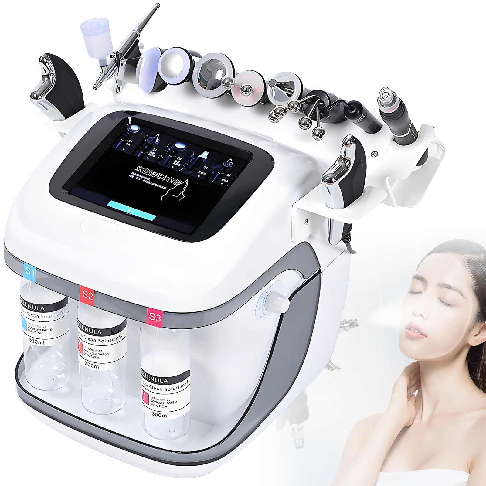 Machine Hydrafacial 10 en 1 avec 10 buses de traitement et 3 flacons de solution S1 S2 S3