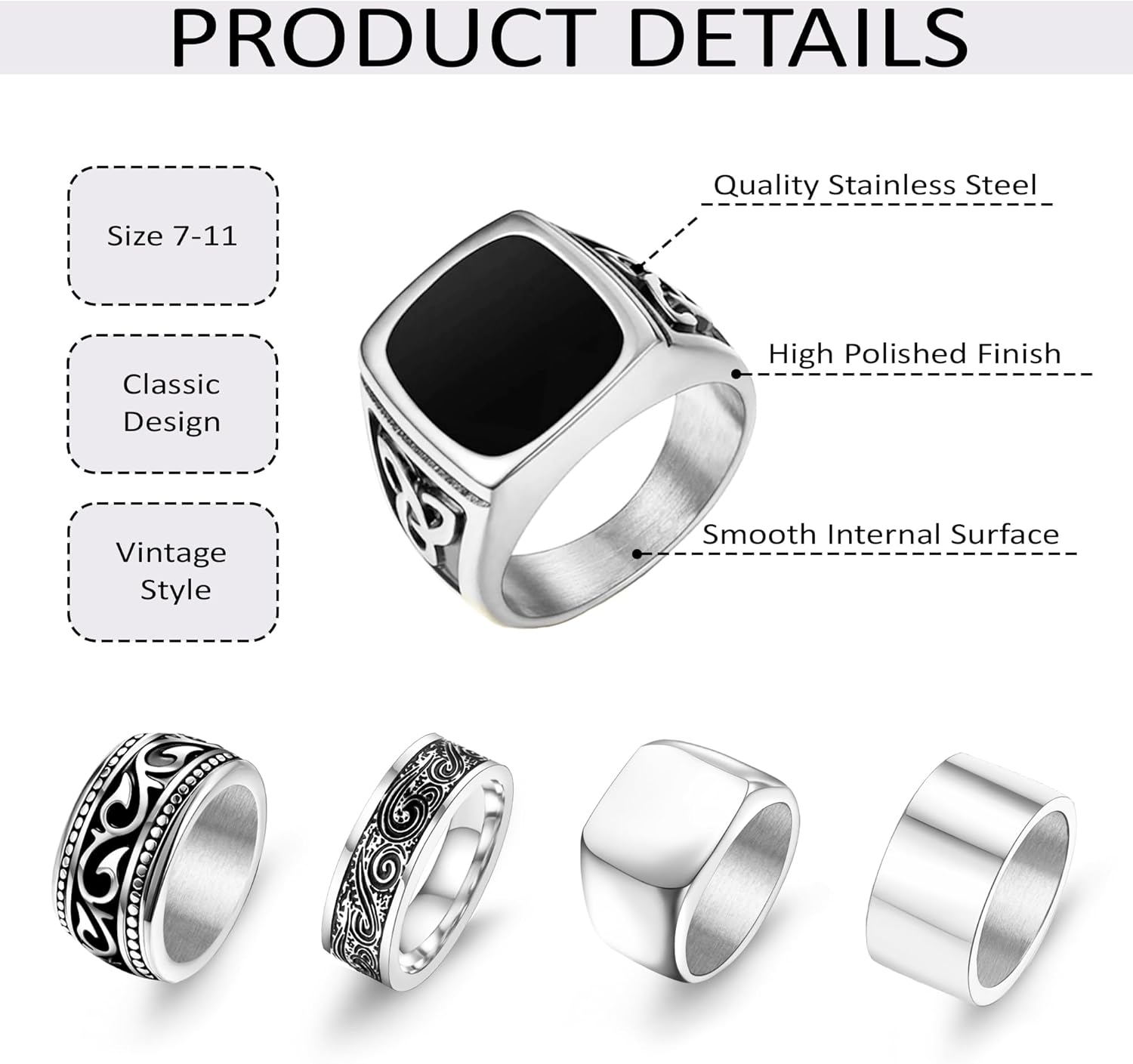 9 Pcs Men's Stainless Steel Vintage Signet Ring Set: Square, Pinky, Thumb, Chunky, Thin Band, Cuban Link, Biker Rings for Men - Image 7