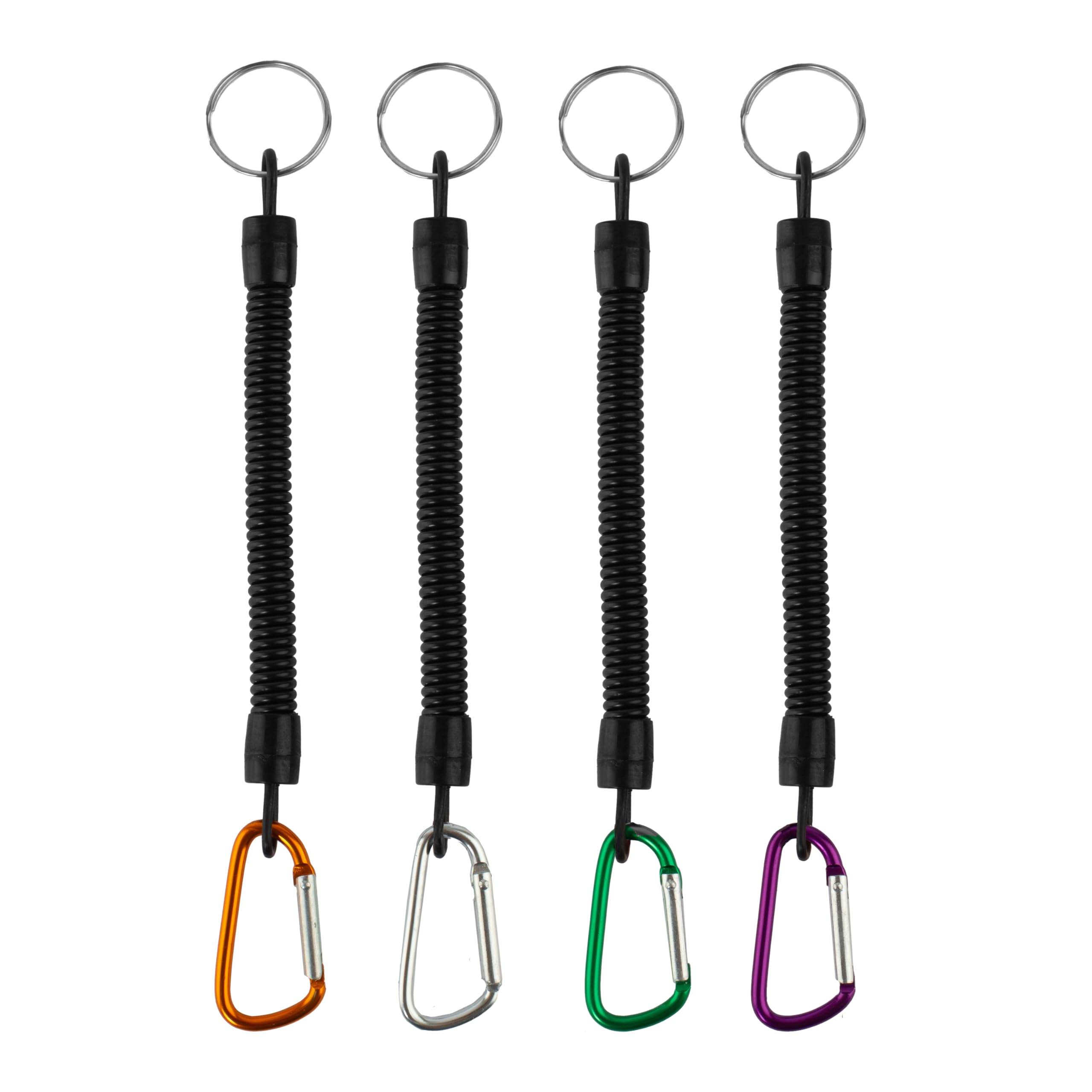 GWOZI Tool Lanyards for Hand Tools - Fishing Lanyard with Carabiner and Split Ring - Plastic Spring Elastic Tool Tether - Coiled Lanyard Safety for Fishing, Hiking Camping Tools, 4 Pcs