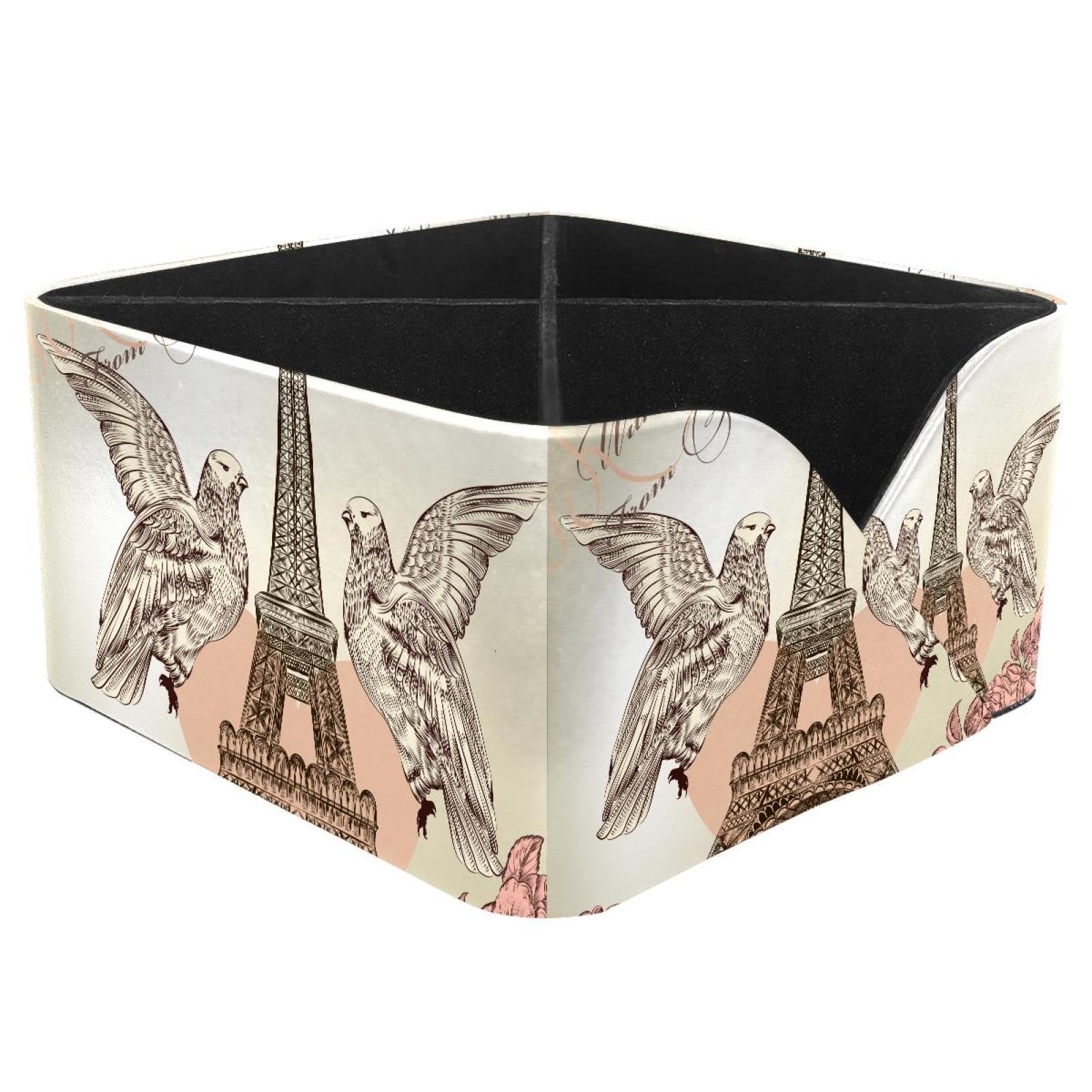 KengjuTesu Eiffel Tower with Pigeons Desktop Organizer Pen Holder, Rectangular Pencil Cup for Office, Study and Makeup Stations