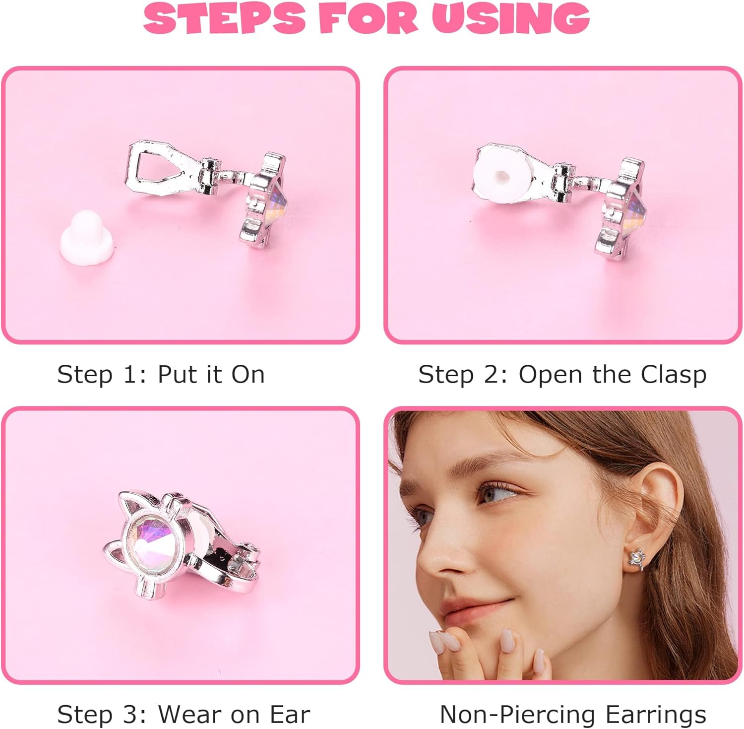 BESTEEL 12 Pairs Clip on Earrings for Girls Women Non Pierced, Hypoallergenic Fake Earring Set with Soft Rubber Pads, Cat Rainbow Butterfly Star CZ Pearl Jewelry Gifts Silver Age: Over 4 years old - Image 7