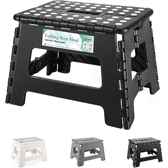 Folding Stool 9inch Lightweight Strong and Safe Easy to Open with Flap Ideal for Kitchen Bathroom Bedroom Light Black