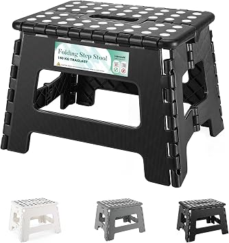 Durable Folding Step Stool, Black Foldable Stool, 9 Inch for Kids & Adults, Supports Up to 150kg, Lightweight & Easy to Store, Fold Up Stool with Anti-Slip Design, Ideal for Shower Room Use