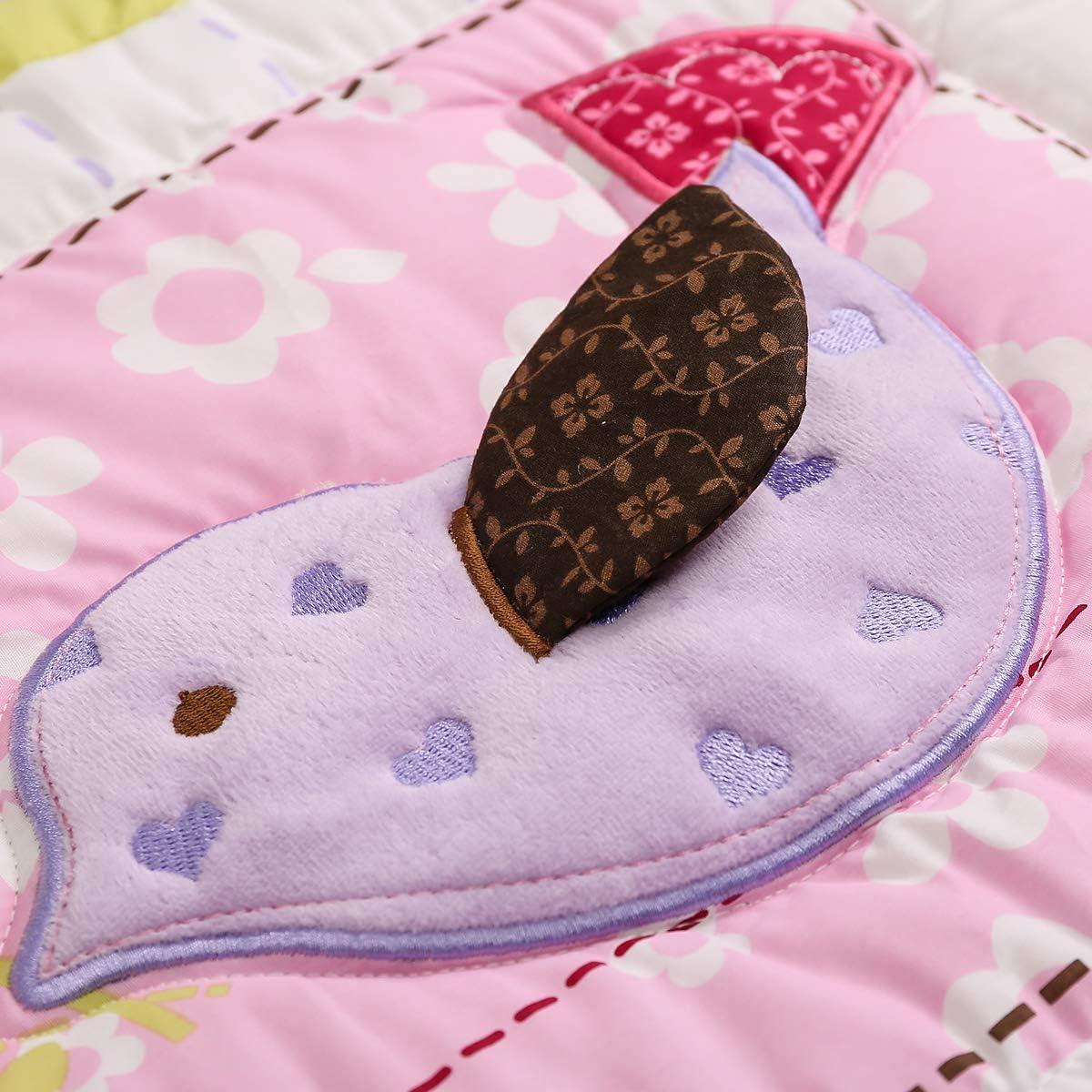 4 PCs Purple Elephant Owl Birds Nursery Crib Bedding Set Princess Girl Lace Trimmed Embroidery Love Animal Cot Bedding Set 1 Quilt + 1 Skirt + 2 Fitted Sheet, 28 X 52