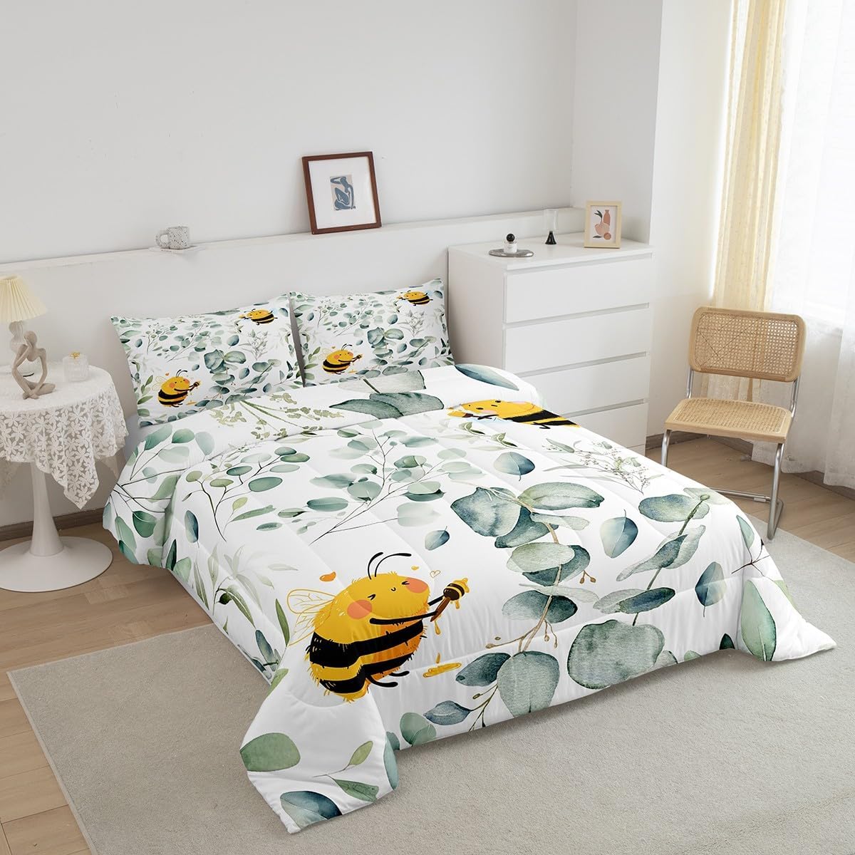 Erosebridal Boys Cartoon Wildlife Toddler Size Comforter Set for Kids Toddler Kawaii Bee Bedding Set, Honey Bee Down Comforter Wild Animal Bed Set, Botanical Green Eucalyptus Quilted Duvet