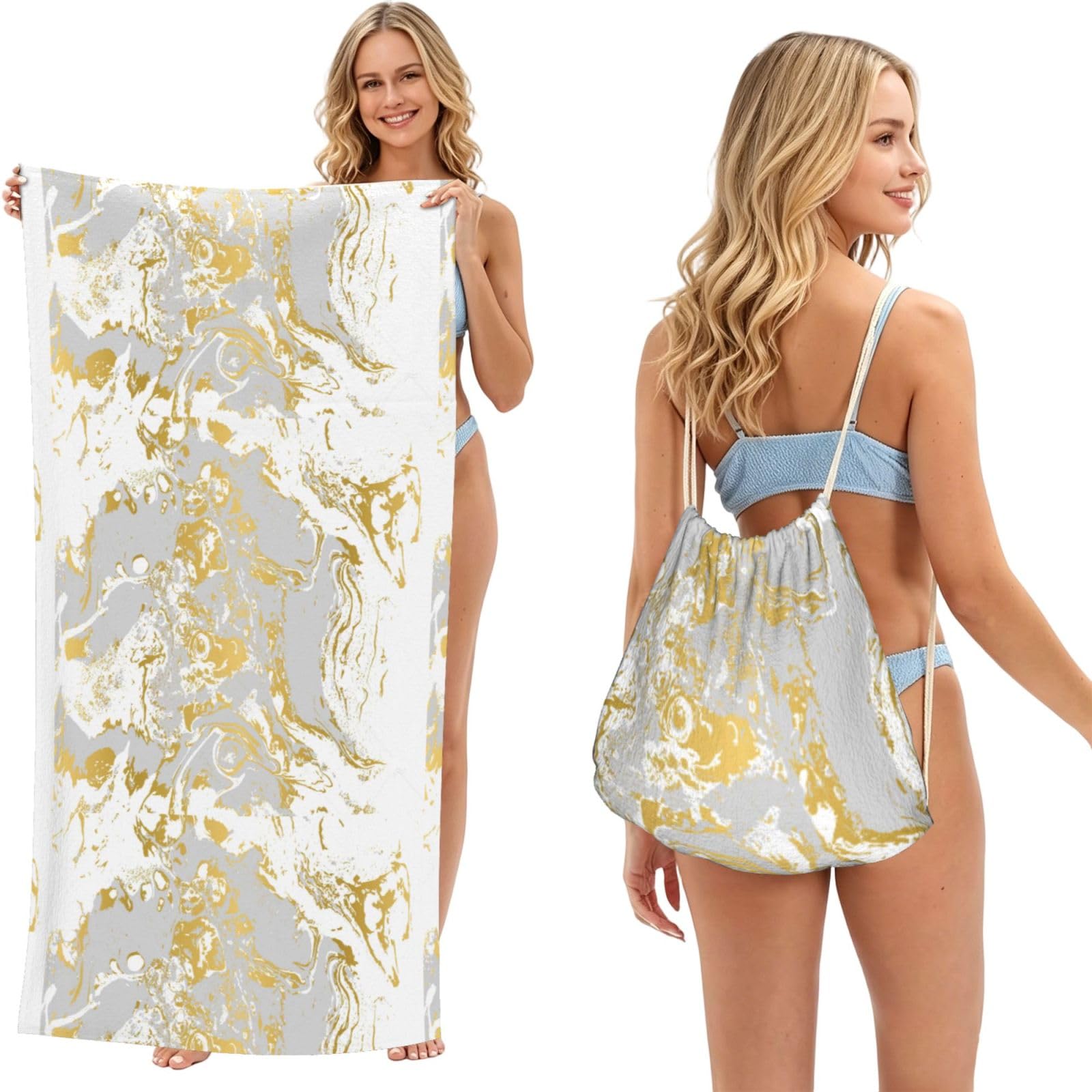 Poadnly As Picture Gray And Gold Agate Ripplle, 2 In 1 Packable Towel Bag, Beach Towels With Drawstring Backpack For Travel Holiday Camping