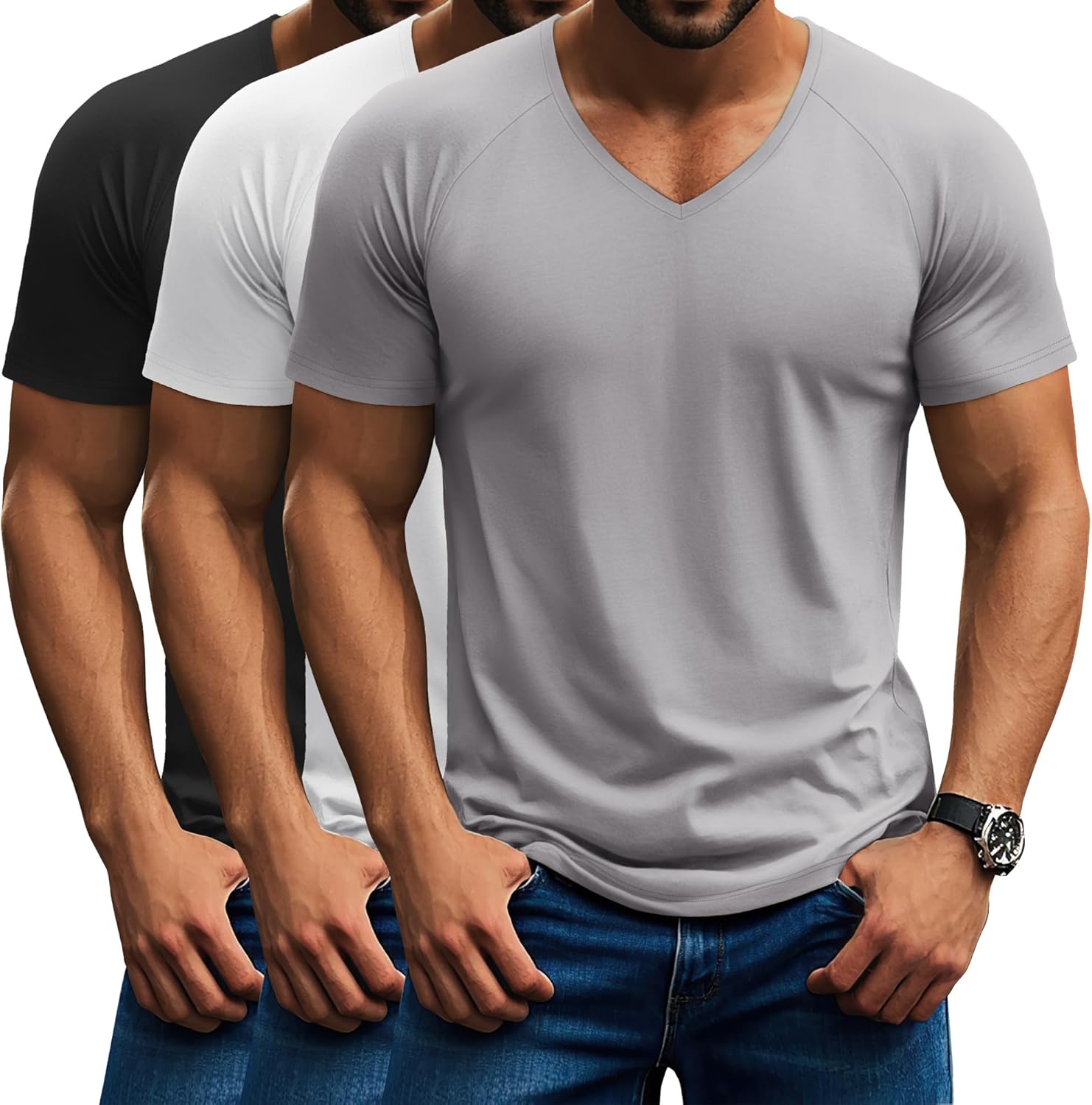 Riyiper 3 Pack Men's Short Sleeve V Neck T-Shirts Raglan Curved Hem Shirts Casual Basic Tops Soft Summer Stretchy Tees