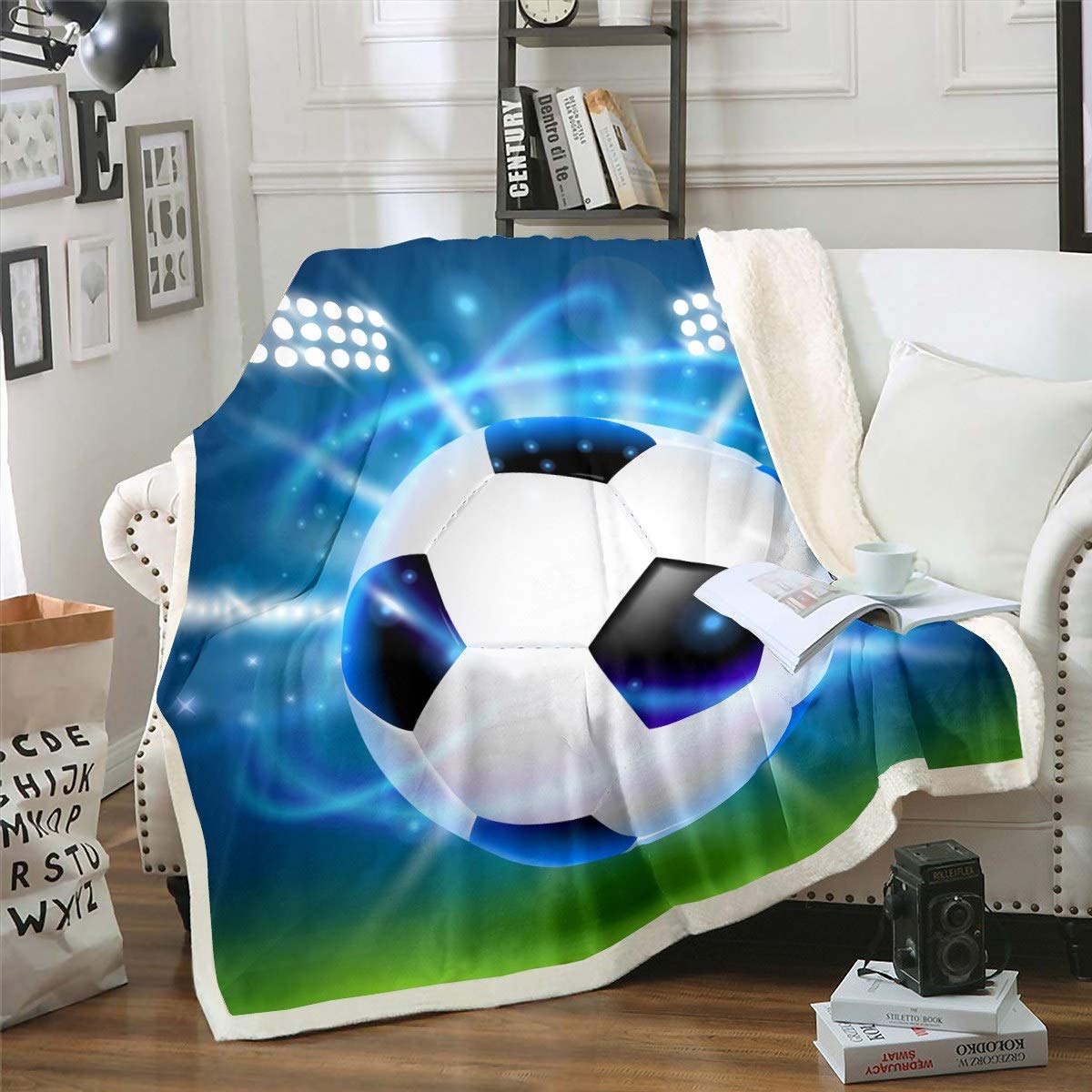 Loussiesd Boys Football Throw Blanket Sports Theme for Couch Chair Sofa 3D Soccer Ball Pattern Competitive Games Warm Plush Blanket Bedroom Decor Single 50"x60"