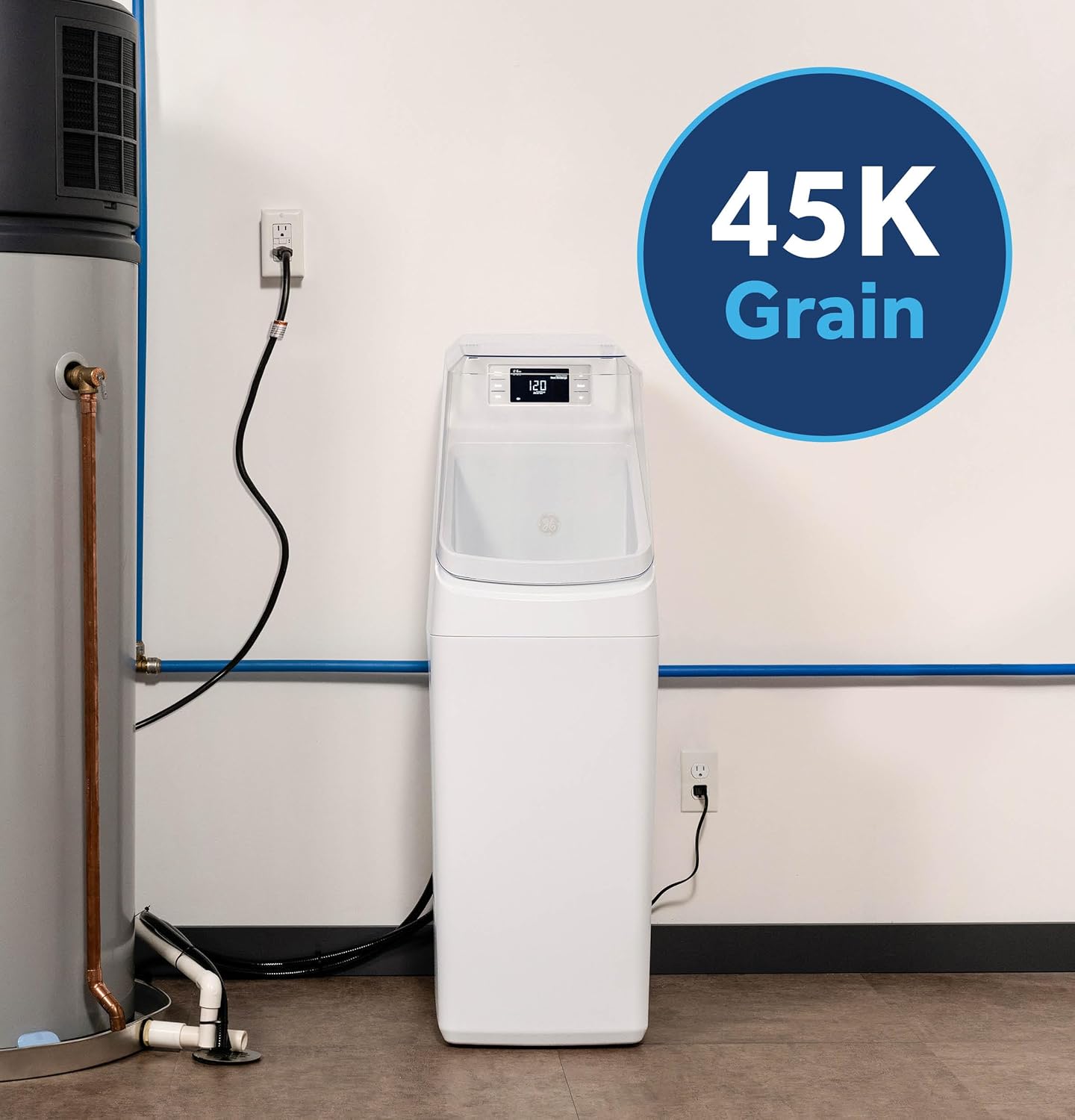 GE Smart Water Softener, 45,000 Grain, Reduce Hard Minerals to Whole House, Built-in WiFi with Water Flow Alerts, Soft Water for Shower, Appliances, and Plumbing, GXSH45W