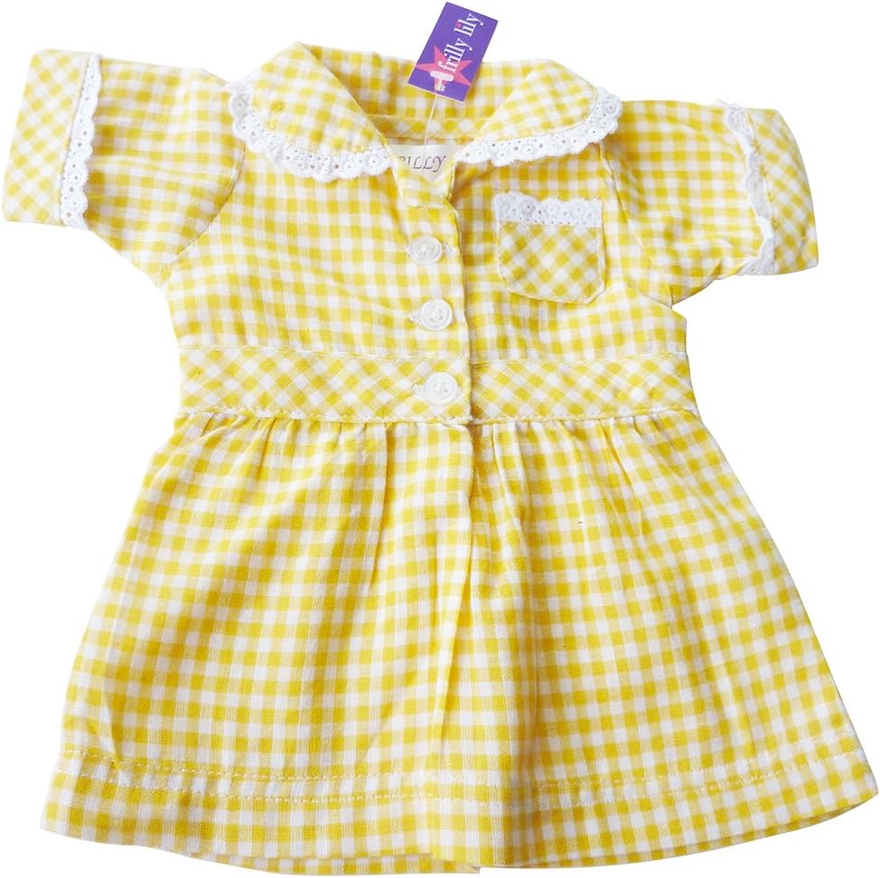DOLLS SCHOOL SUMMER UNIFORM DRESS BY FRILLY LILY ,CHOICE OF COLOURS [ DRESS ONLY ] TO FIT DOLLS 14-18 INS [35-45CM] SUCH AS AMERICAN GIRL DOLL, BONNIE AND PEARL , HANNAH BY GOTZ, HAPPY KIDZ,DESIGN A FRIEND,KIDZ AND CATS,PRECIOUS DAY GIRL AND MANY OTHER DOLLS OF THIS HEIGHT (Yellow)