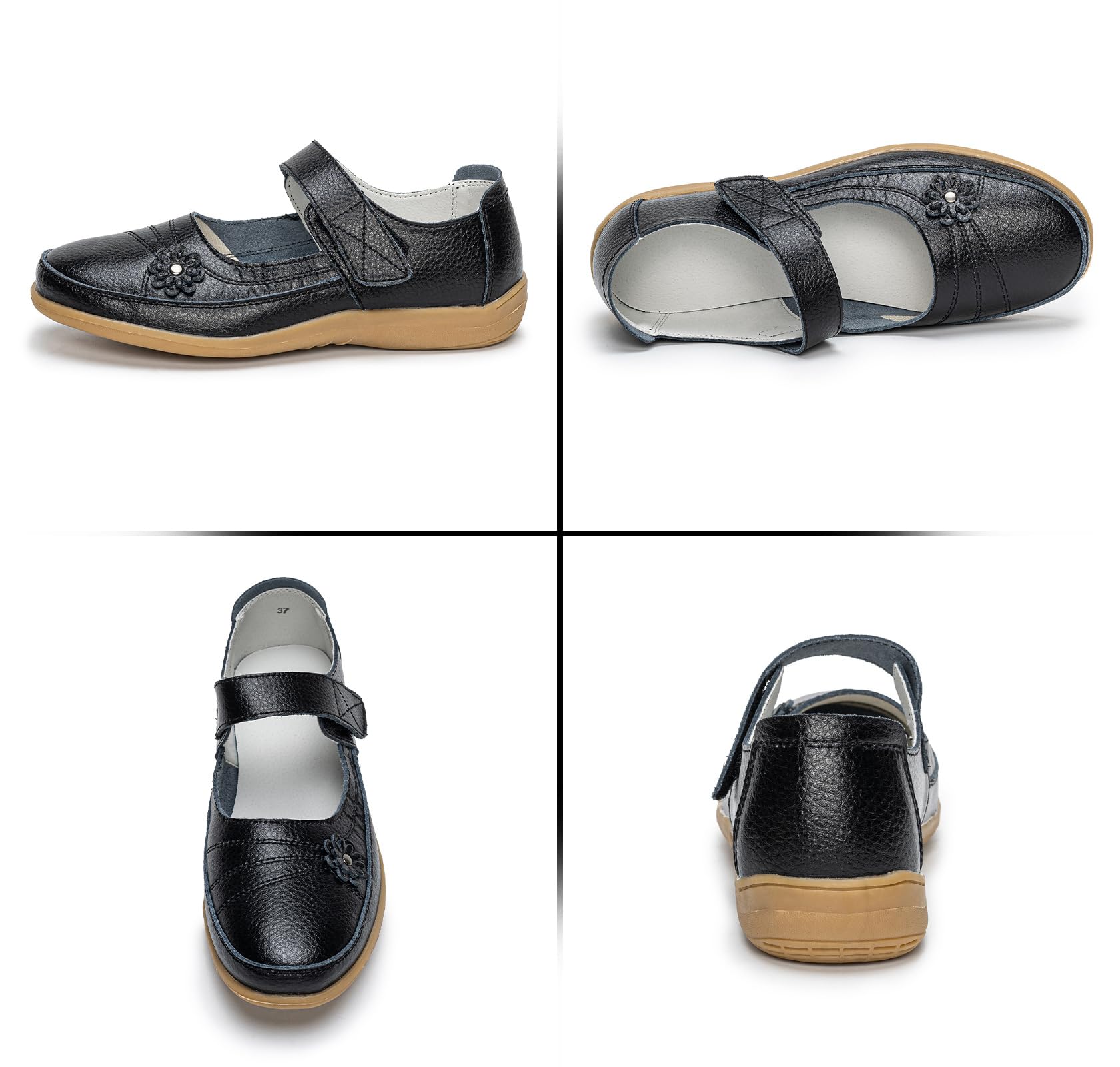 Chaussures Mary Jane en cuir pour femme - Noir - Coupe large - Chaussures plates - Style décontracté - Pour le travail, le bureau, les infirmières