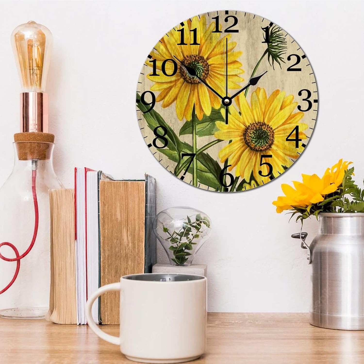 Wall Clock Gold Sunflowers Floral Oil Painting 15inch Wood Wall Clocks Silent Non-Ticking Battery Operated Wooden Wall Clock Country Autumn Farm Sunflowers Clock Decorations for Home Wall Club