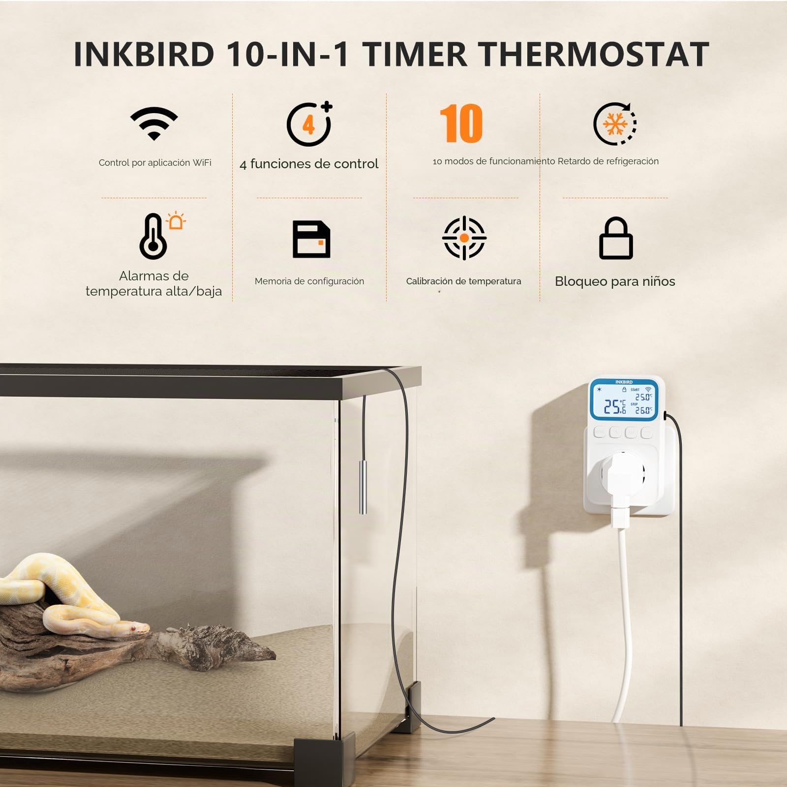 Inkbird C236T Termostato WiFi con Sonda 220V - Controlador de Temperatura para Calefacción y Refrigeración, 10 Modos de Control para Reptil Terrario Invernadero