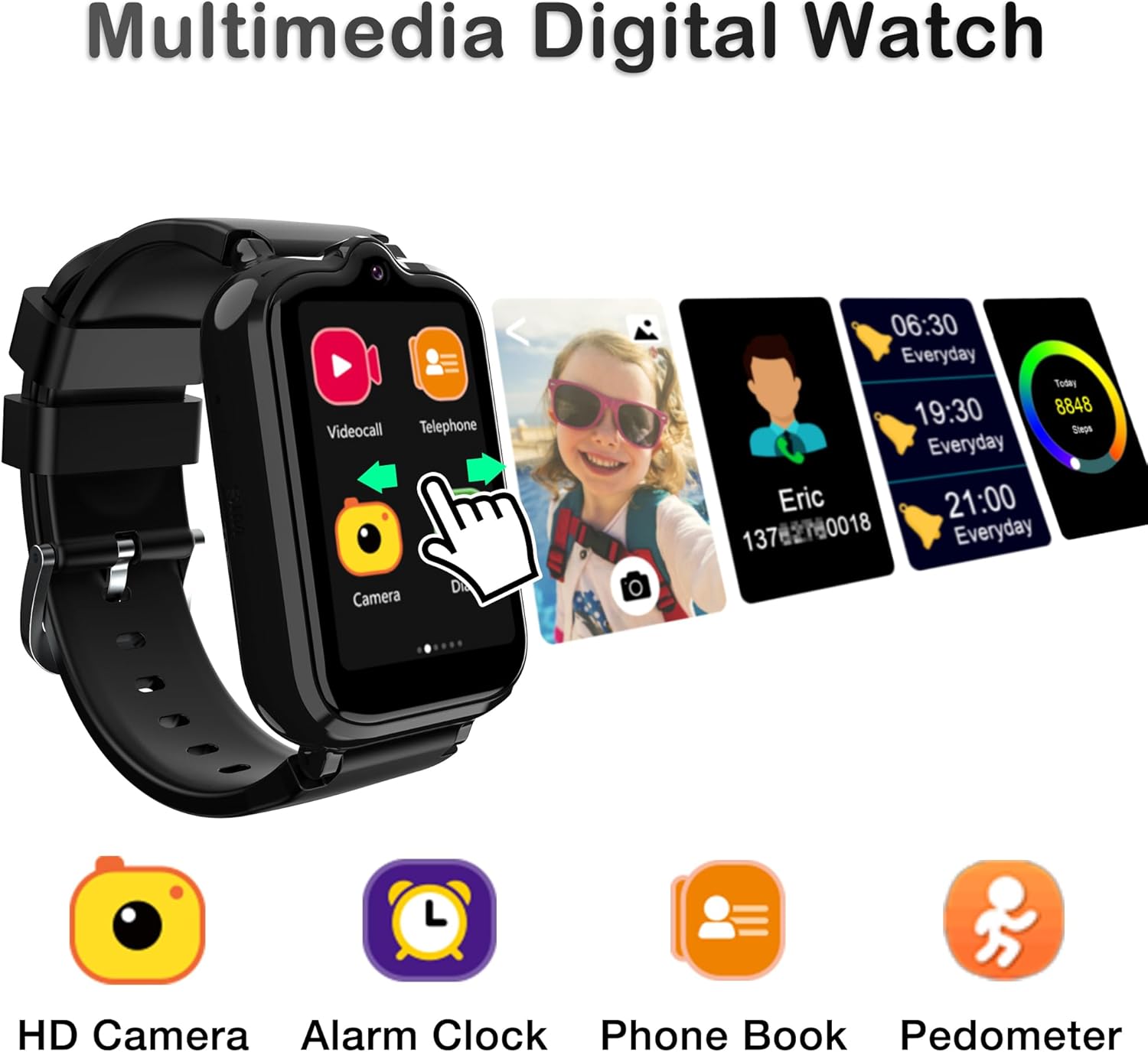 Toloso Kids Watch with GPS Tracker & Video Calling, Kid Smart Watch Boys with Cell Phone Age 5-12, SOS Call Voice Chat Camera Alarm Clock Pedometer GPS Tracker Gifts for Kids (Black)