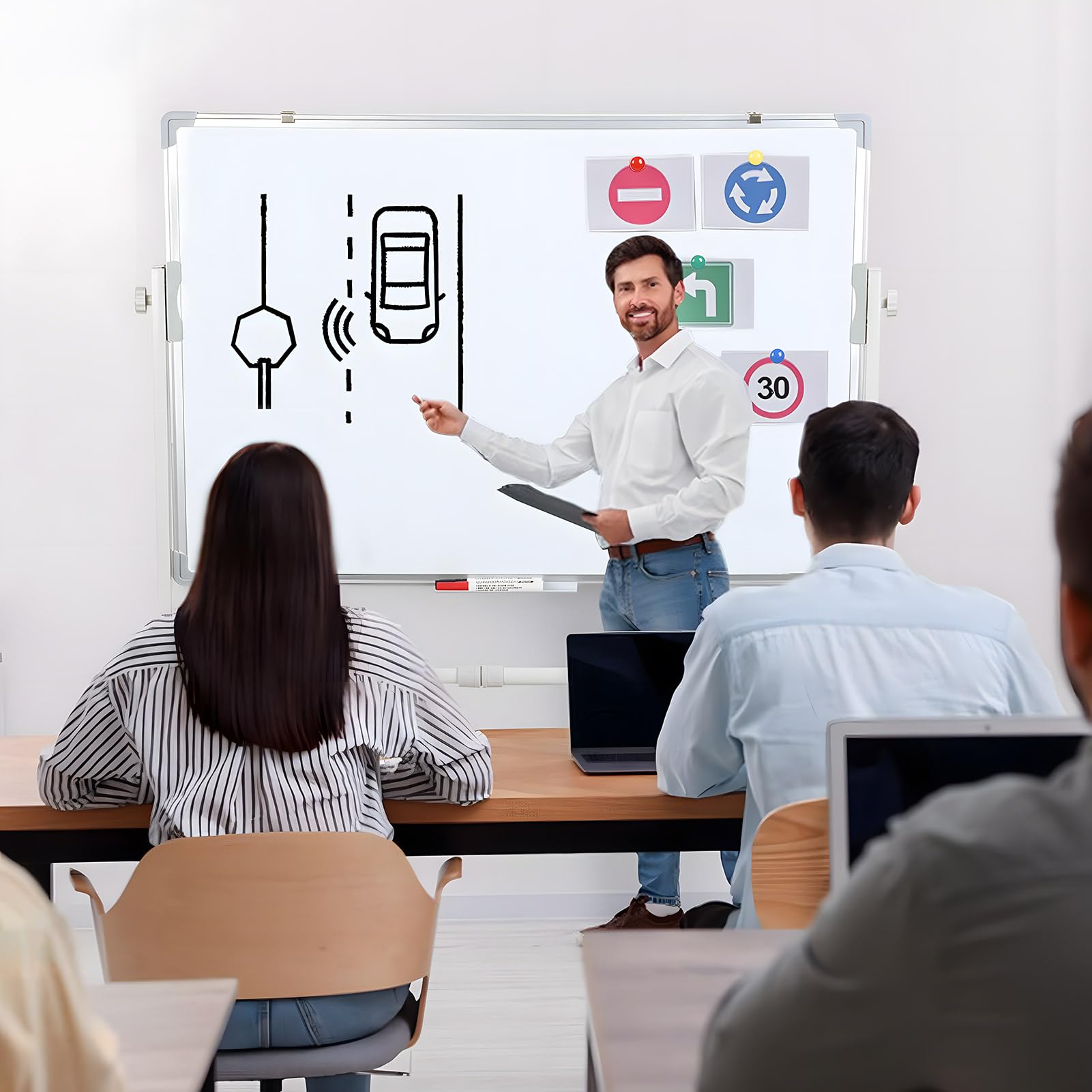Rollendes Whiteboard, magnetisch, trocken abwischbar, mobiles Whiteboard mit Ständer, verstellbare Höhe, doppelseitiges Whiteboard, tragbare Schreibtafel mit Markern, Magneten und Radiergummi (Weiß)