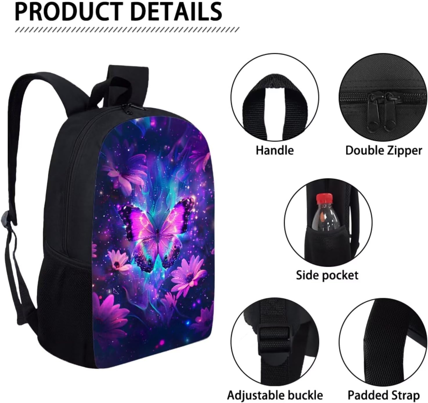Personalized Print Backpack And Lunch Bag Set for Boys Girls Dreamlike Floral Galaxy Butterfly Backpack with Lunch Box Pencil Case Lightweight Student Daypack Kids Purple 17 Inch School Bag