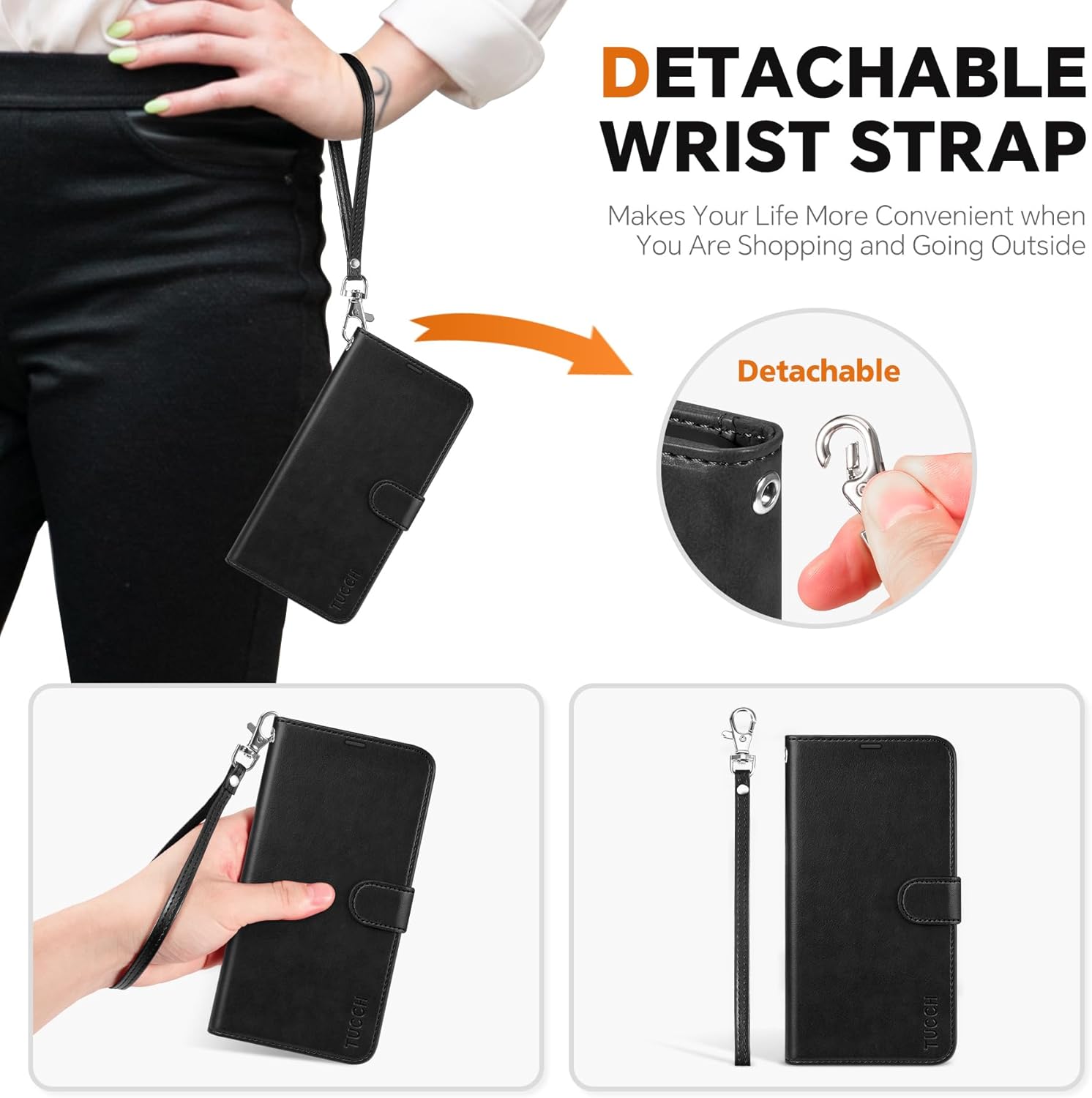 TUCCH Wallet Case for Galaxy S25, Removable 2 in 1 RFID Blocking [4 Card Slots] Wrist Strap [Wireless Charging] Kickstand PU Leather Magnetic Detachable Protective Cover for Galaxy S25 6.2", Black - Image 6