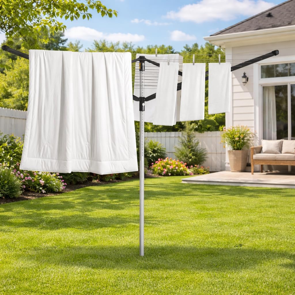 Outdoor Rotary Clothesline with Ground Spike, 4 Arm Umbrella Clothes Drying Rack, 12-Line 131 ft Large Laundry Drying Line, Adjustable Height Outdoor Clothesline for Backyard Patio Garden