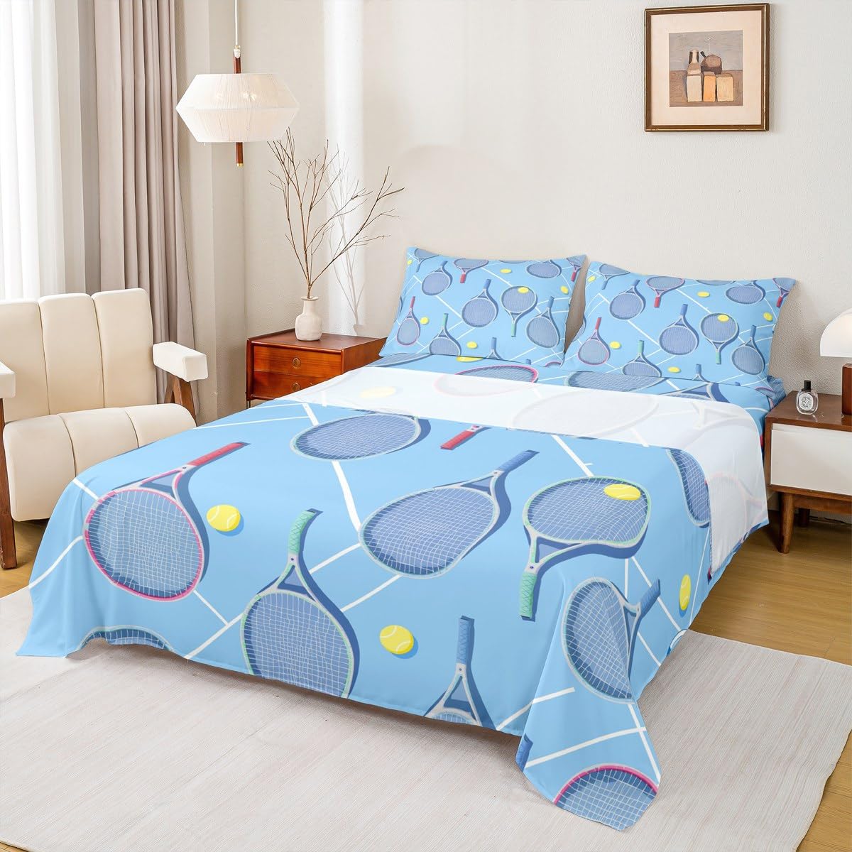 Castle Fairy Tennis Sheet Sets Twin Size,Ball Games Bedding Set 3pcs for Kids Girls Teens Boys Room Decor,Tennis Racket Geometric Lines Bed Sheet Watercolor Blue Fitted Sheet+Flat Sheet+1 Pillowcase