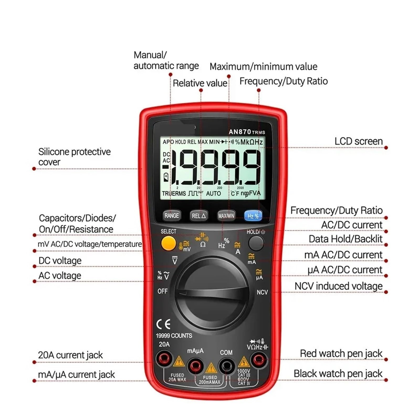 Multimetr Cyfrowy, RMS Multimetry AC/DC Miernik prądu Voltimetro Cyfrowy multimetr 19999 zliczeń Prawdziwy profesjonalny tester napięcia(Rood)