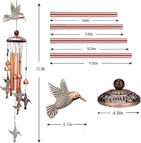 Miniatura 2 de Campanillas de viento de colibrí para decoración interior y exterior, con 4 tubos de aluminio, 6 campanas, 7 colibríes, captador de viento móvil,