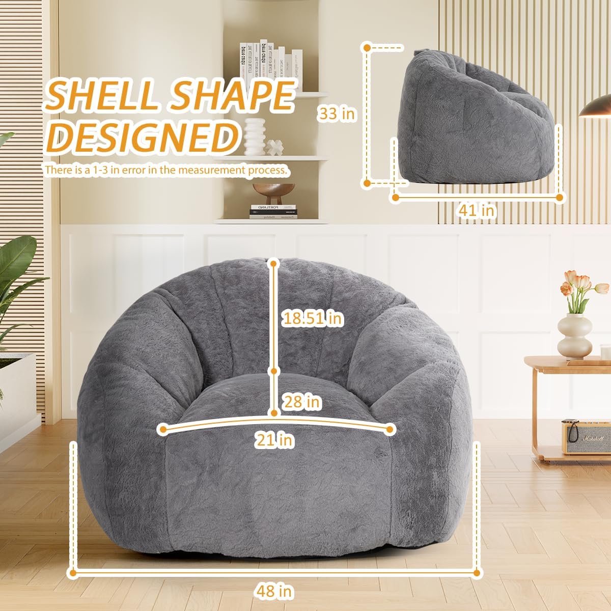 Giant Bean Bag Chair, Lazy Sofa Bean Bag for Teens Adults, Shell Shaped Big Comfy Sofa with Armrests for Bedroom Living Room, Bean Bag Lazy Chair for Gaming, Reading - Grey