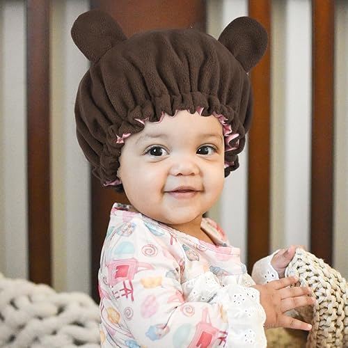 Miniatura 6 de Gorro de satén para niños, gorro de oso de bebé, ajustable, gorro kawaii, gorro de dormir marrón, gorro de noche de felpa para cabello natural,