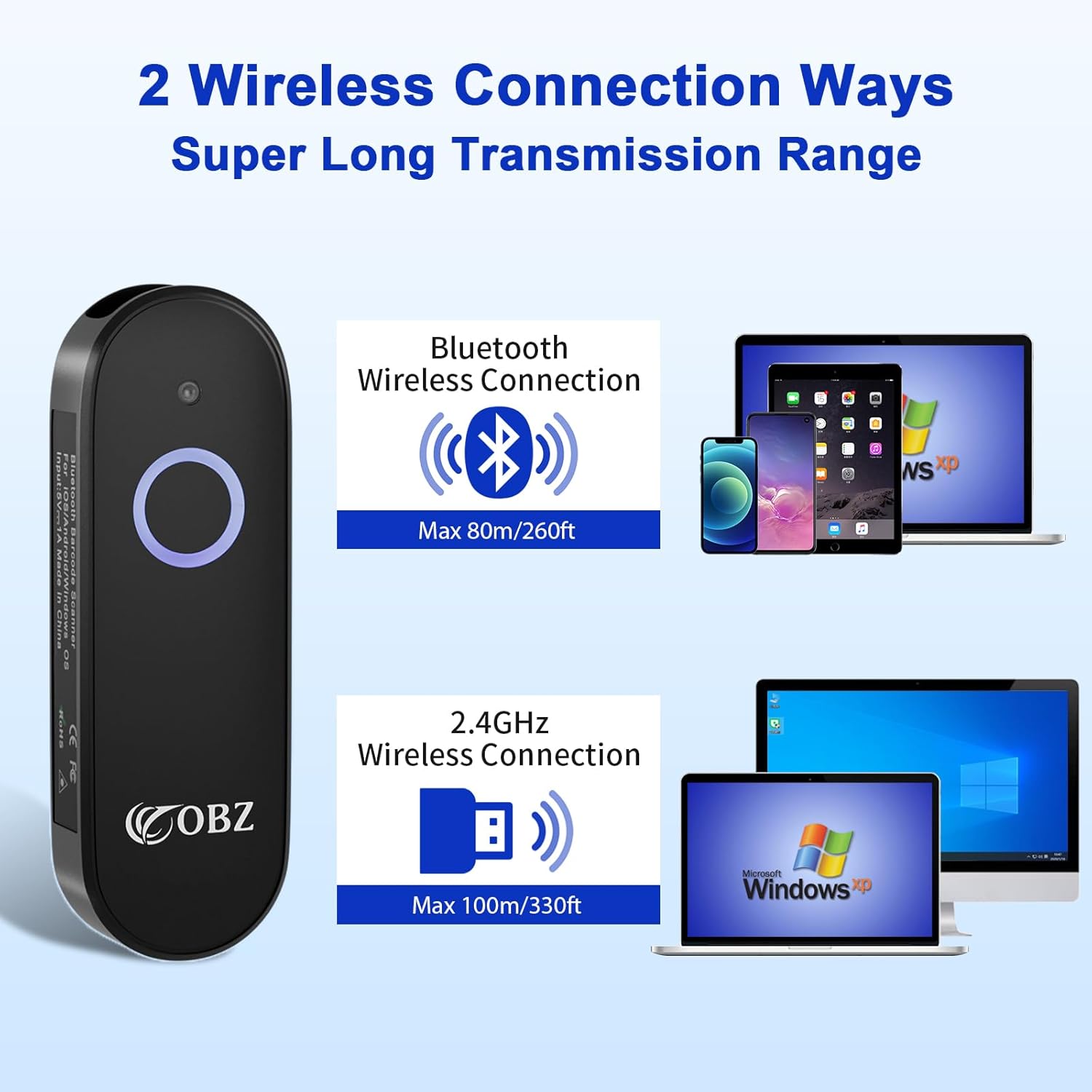 Mini 2D Bluetooth Barcode Scanner 2.4G Wireless Barcode Scanner, 3-in-1 Portable 1D 2D QR Code Scanner Work with iOS Android iPhone iPad Tablet Windows PC POS for Store Warehouse Inventory Library