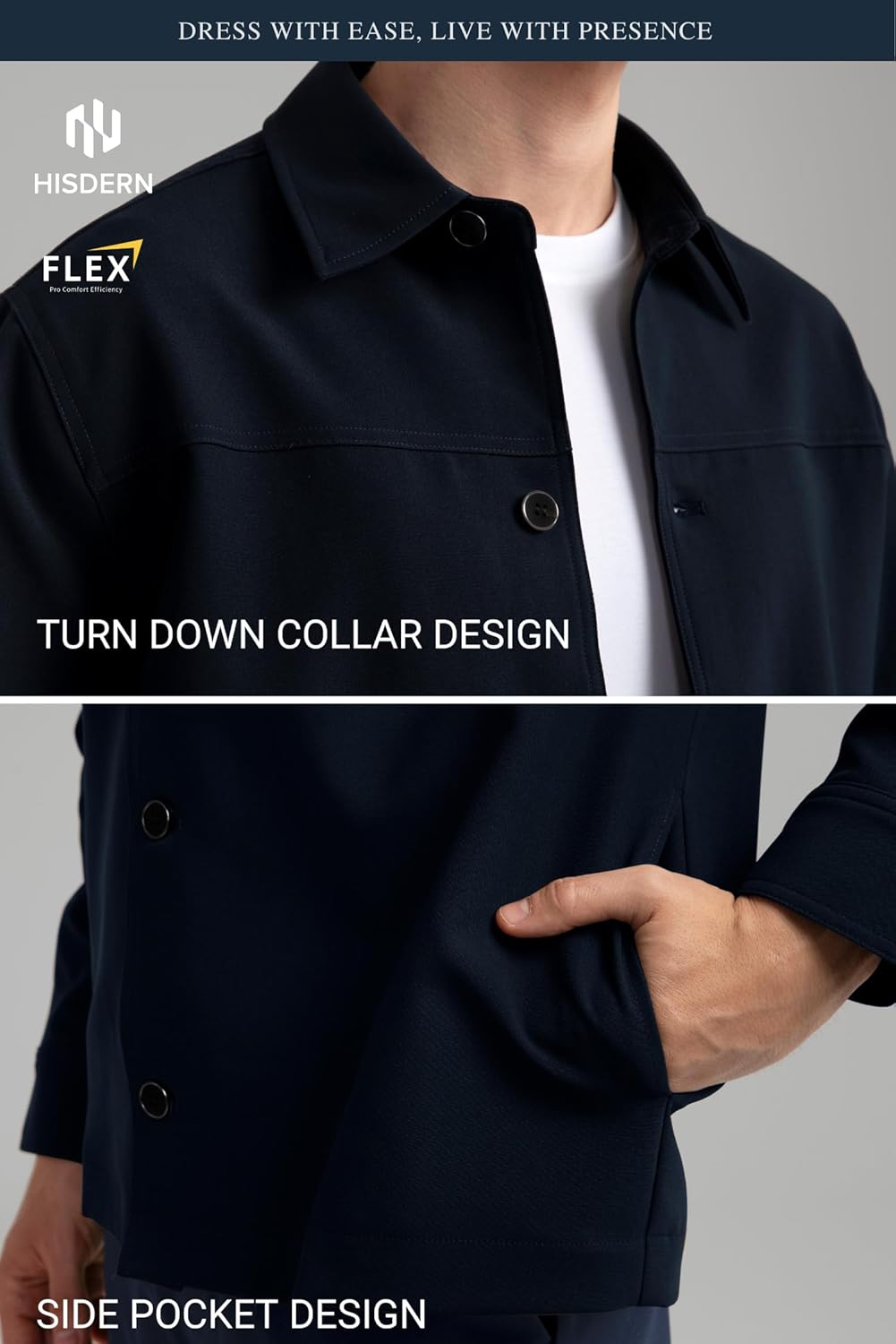 HISDERN FLEX 531 Men's Button Down Shirt Jacket Comfy Lightweight Design for Business Casual and Social Events with Pockets - Image 4
