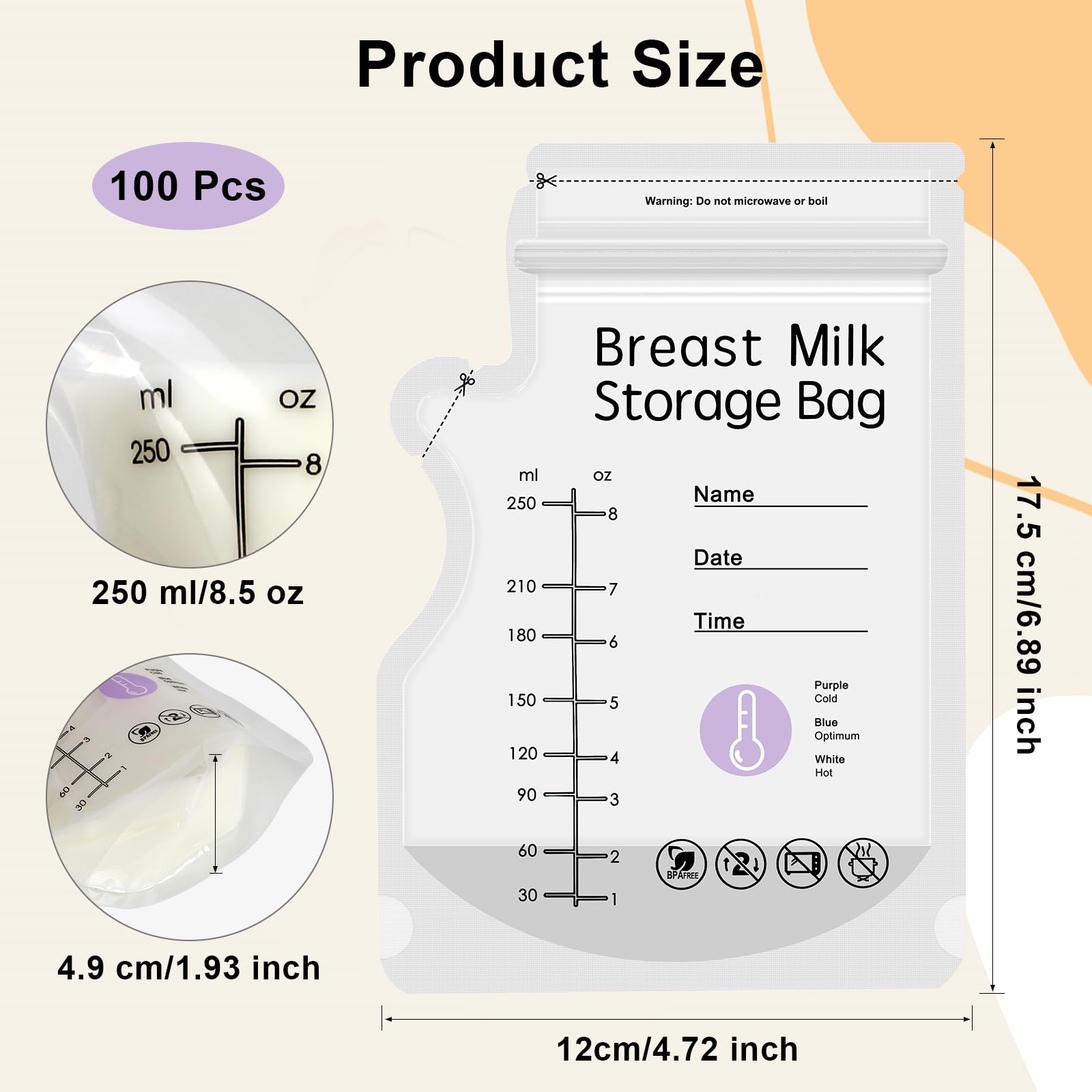 100 Pcs Breast Milk Storage Bags HXC 250ml Milk Storage Bags Breastfeeding Temp-Sensing Breastmilk Storage Bag with Pour Spout BPA Free No-Leak for Breastfeeding - Image 2