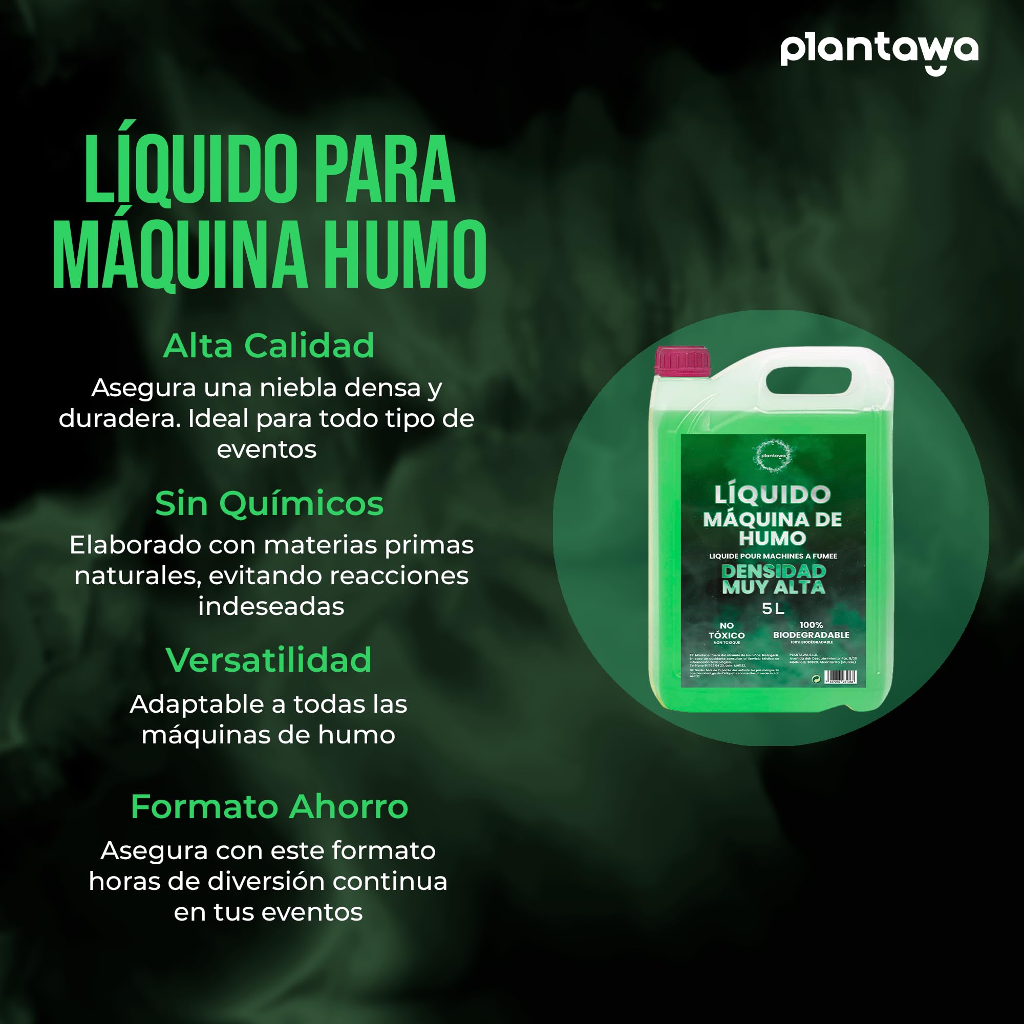 Plantawa Líquido Máquina de Humo Natural 5 Litros | Líquido Máquina Humo Muy Alta Densidad y Larga Duración, Aroma neutro, Seguro para Respiración, Fiestas, Eventos, Discoteca (5 Litros, Verde)