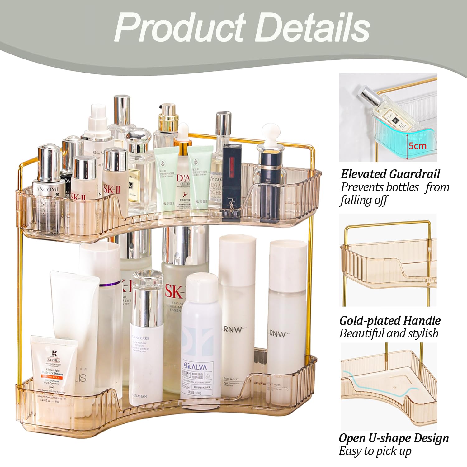 Organizzatore di Trucco, organizzatore angolare per il bagno, Organizzatore di Cosmetici ad Grande Capacità, Organizer Trucchi Multifunzione Adatti per Toeletta, Bagno, 2 Livello, Trasparente