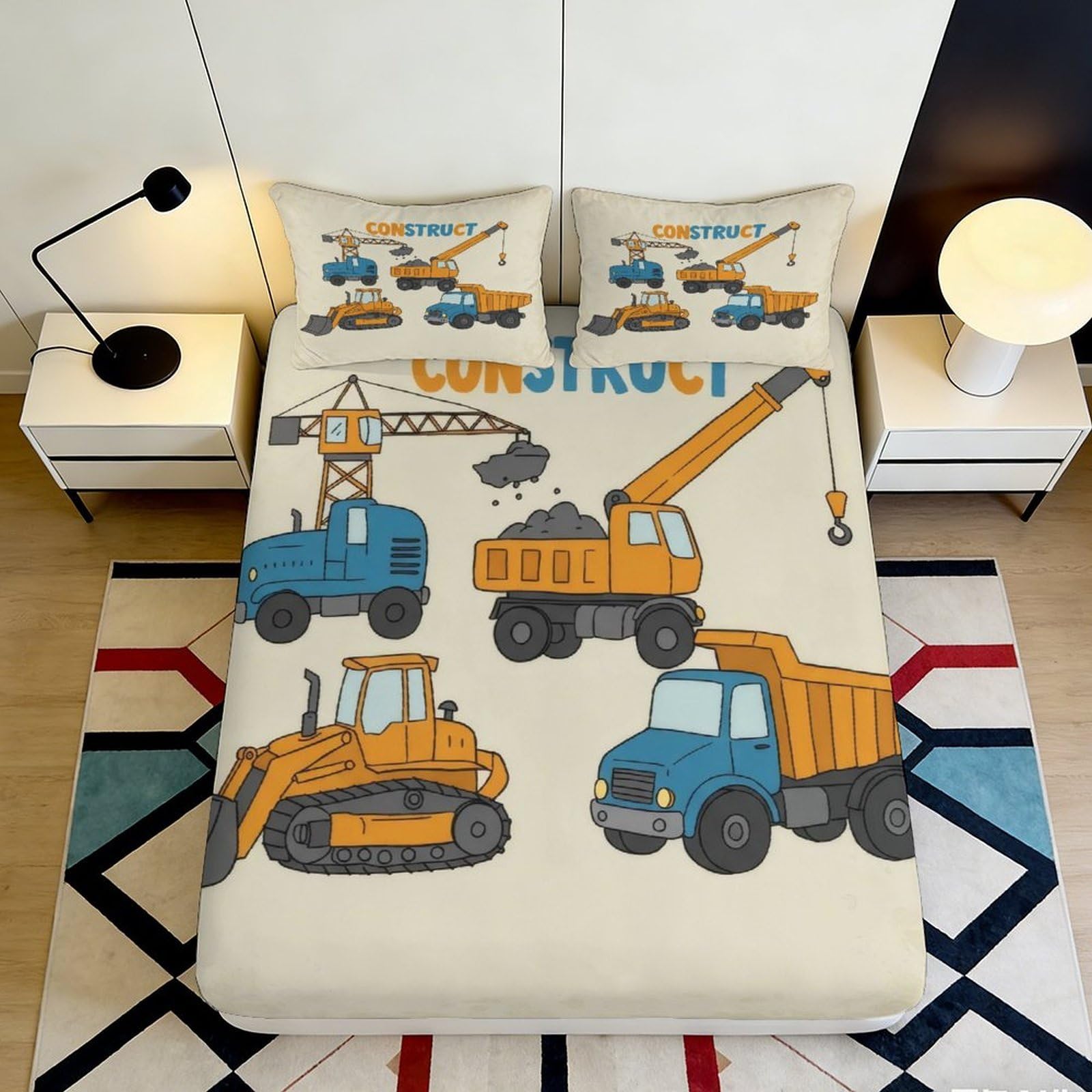 3D Printed Construction Vehicles Fitted Sheet Microfiber Anti-Slip Kids Machinery Bed Cover for Bedroom Dorm Decor 90x200x25cm