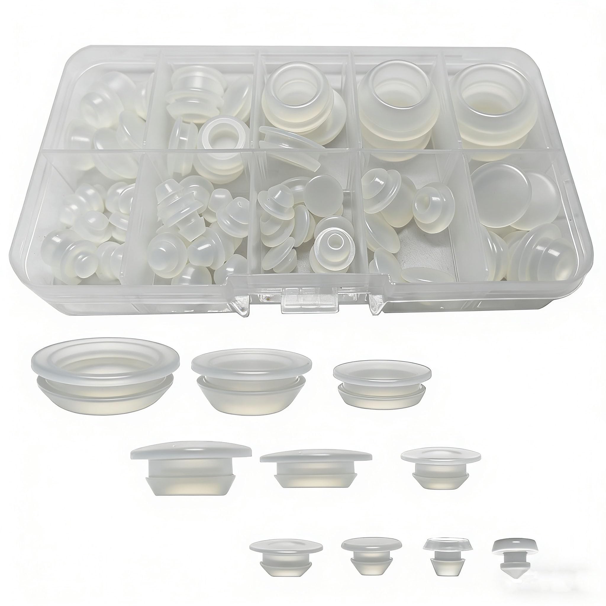 66 Pieces Silicone Snap in Locking Hole Plugs Rubber Panel Seal Cover Flush Type Panel Round for Kitchen Rubber Bulkheads Waterproof Sealing Plugs, Bottle, Pipes（Semi-transparent）